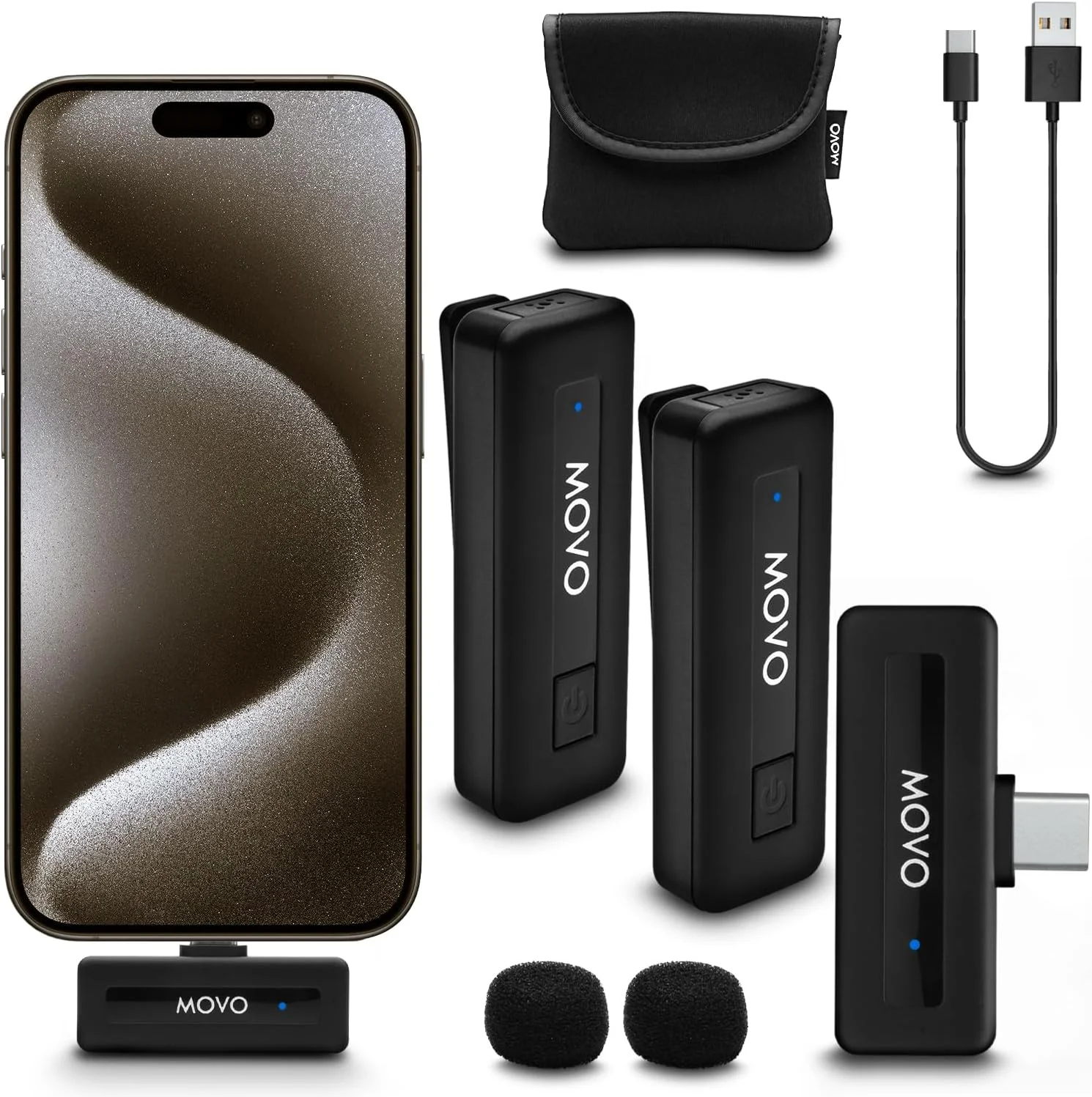 میکروفون بی سیم دوگانه USB-C کوچک Movo برای آیفون 15/16/17 و بالاتر - میکروفون فوق فشرده برای آیفون 15/16/17 با میکروفون یقه ای بی سیم گیره دار