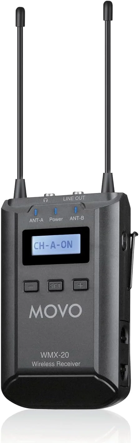 گیرنده Movo WMX-20-RX برای سیستم میکروفون یقه ای بی سیم - برای سیستم میکروفون بی سیم UHF مدل WMX-20 - جفت شدن با 2 فرستنده بی سیم میکروفون یقه ای - نظارت هدفون برای میکروفون بی سیم