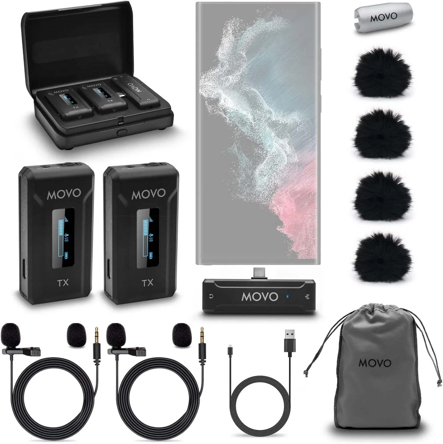 سیستم میکروفون بی سیم دوگانه Movo WMX-2-C برای USB-C – دو میکروفون یقه‌ ای گیره دار برای آیفون 15، اندروید، آیپد پرو، مک بوک – 2 فرستنده بی سیم، جعبه شارژ، باتری 7 ساعته، برد 100 متر