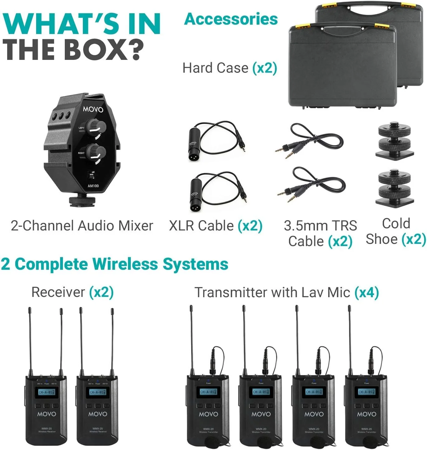 بسته سیستم میکروفون یقه ای بی سیم UHF موو مدل WMX-20-QUATRO 48 کاناله به همراه میکسر 2 کاناله، 2 گیرنده، 4 فرستنده و 4 میکروفون یقه ای سازگار با دوربین های DSLR (برد صوتی 100 متر)