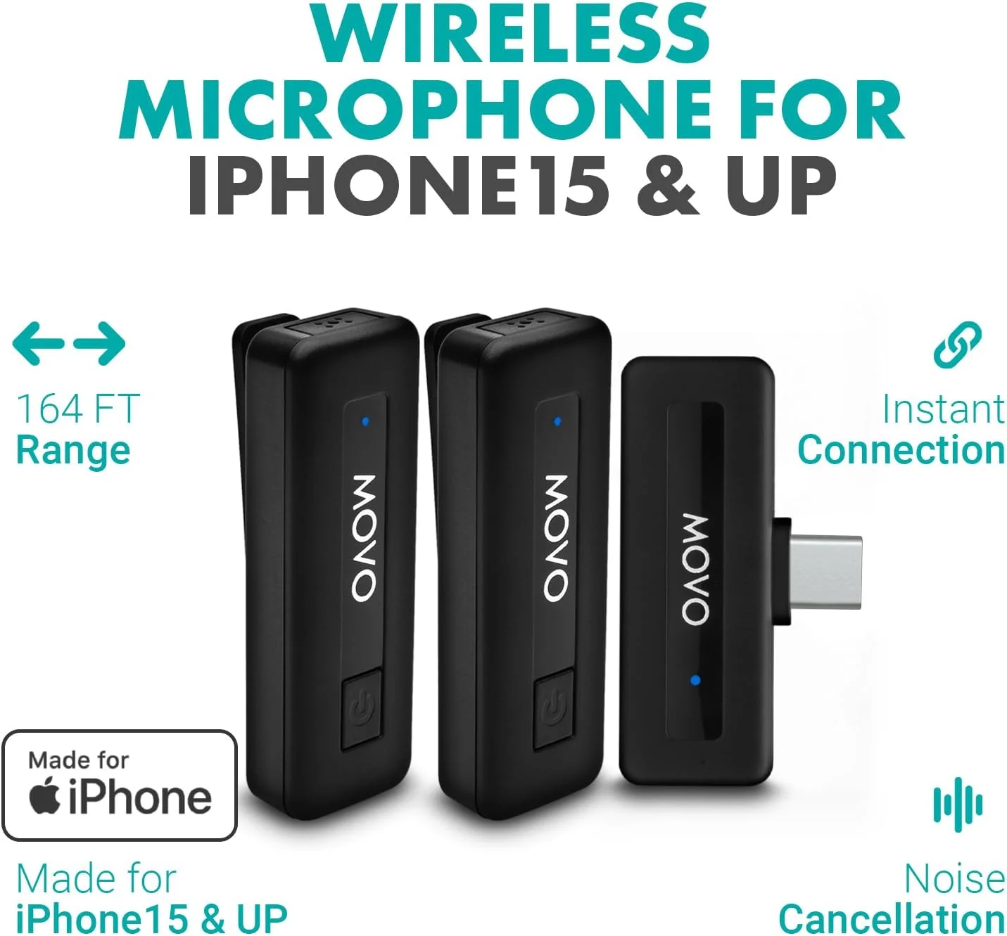 میکروفون بی سیم دوگانه USB-C کوچک Movo برای آیفون 15/16/17 و بالاتر - میکروفون فوق فشرده برای آیفون 15/16/17 با میکروفون یقه ای بی سیم گیره دار