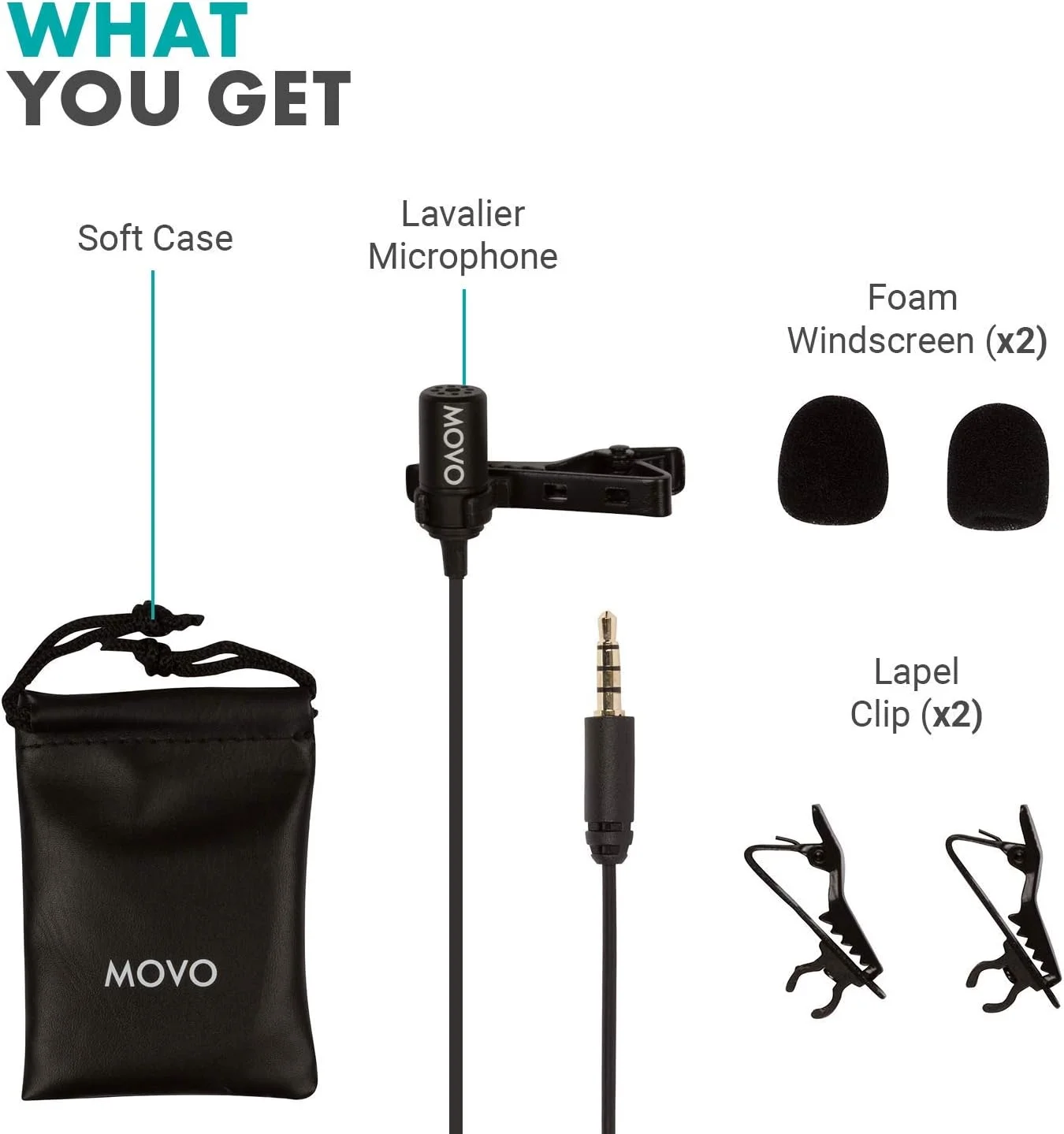 میکروفون یقه‌ای Movo PM10 برای آیفون، آیپد، اندروید و سایر تلفن‌های هوشمند - میکروفون گیره‌ای آسان برای ضبط پادکست، ولاگ، مصاحبه، یوتیوب