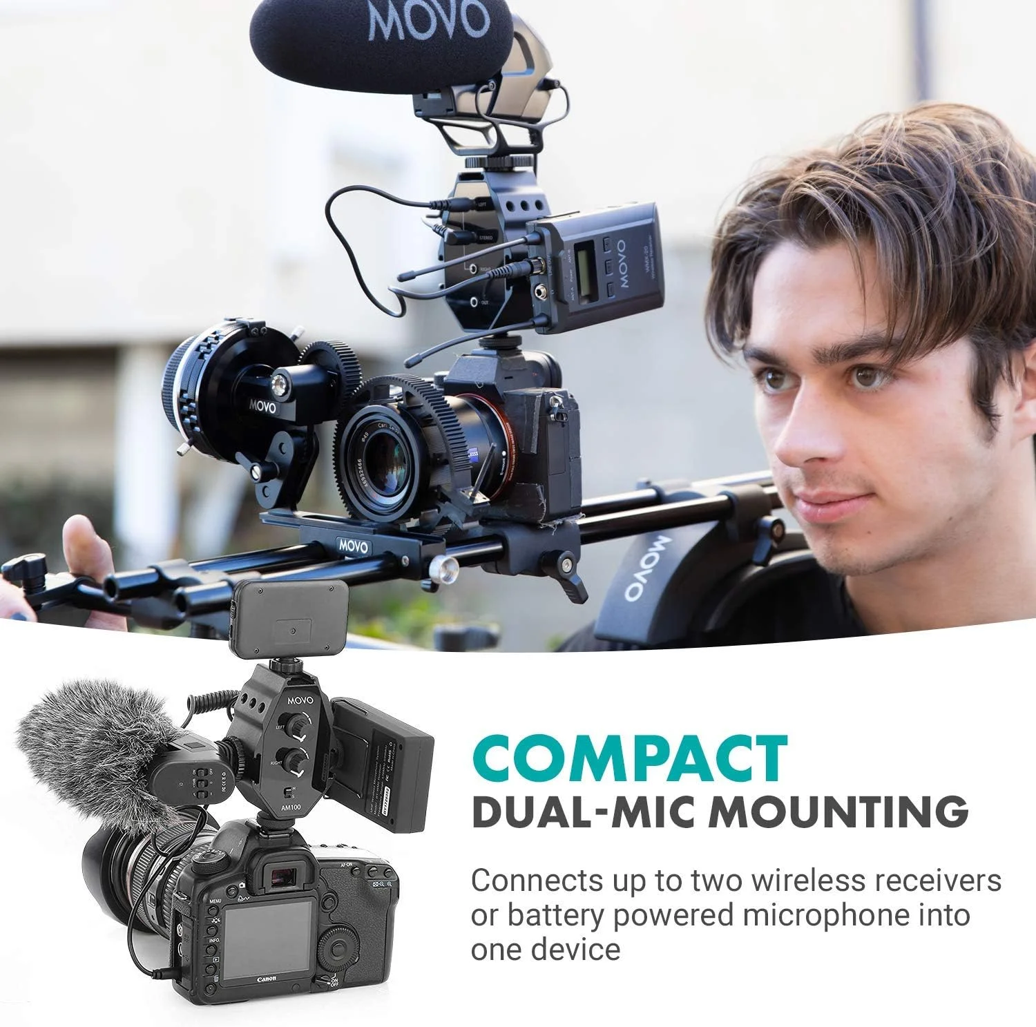 بسته سیستم میکروفون یقه ای بی سیم UHF موو مدل WMX-20-QUATRO 48 کاناله به همراه میکسر 2 کاناله، 2 گیرنده، 4 فرستنده و 4 میکروفون یقه ای سازگار با دوربین های DSLR (برد صوتی 100 متر)