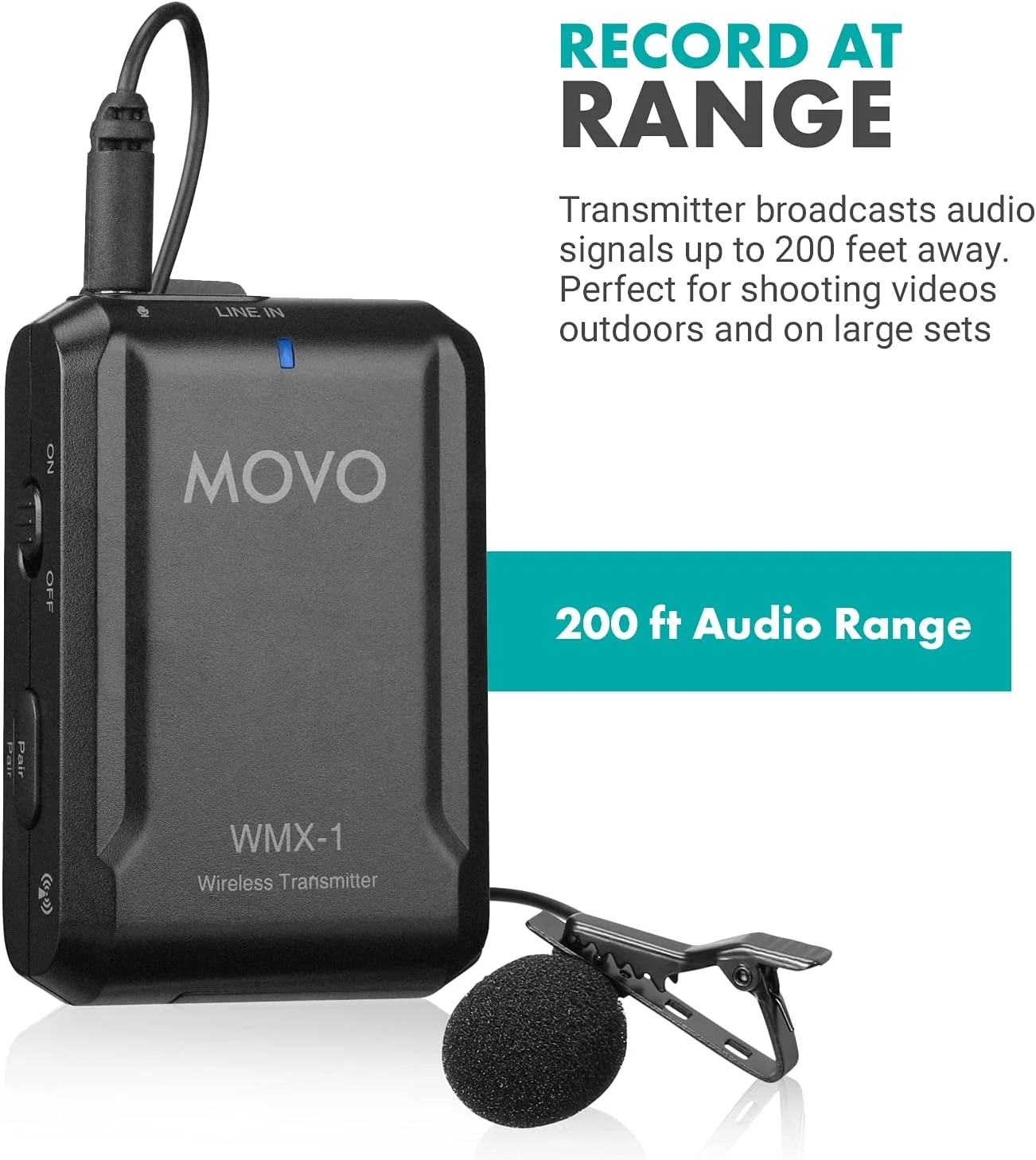 فرستنده میکروفون یقه ای بی سیم Movo WMX-1-TX 2.4GHz، صدای شفاف