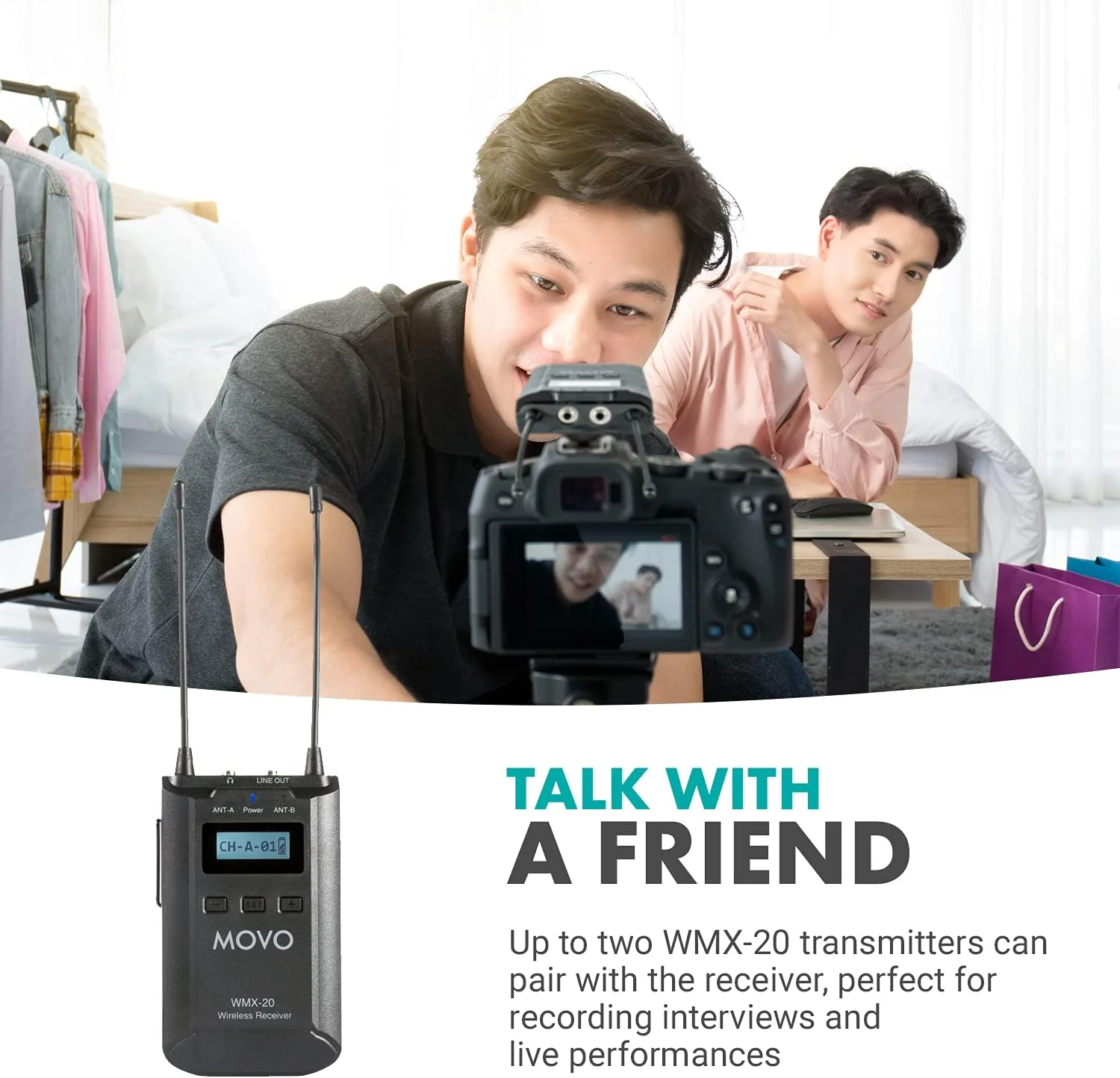 گیرنده Movo WMX-20-RX برای سیستم میکروفون یقه ای بی سیم - برای سیستم میکروفون بی سیم UHF مدل WMX-20 - جفت شدن با 2 فرستنده بی سیم میکروفون یقه ای - نظارت هدفون برای میکروفون بی سیم