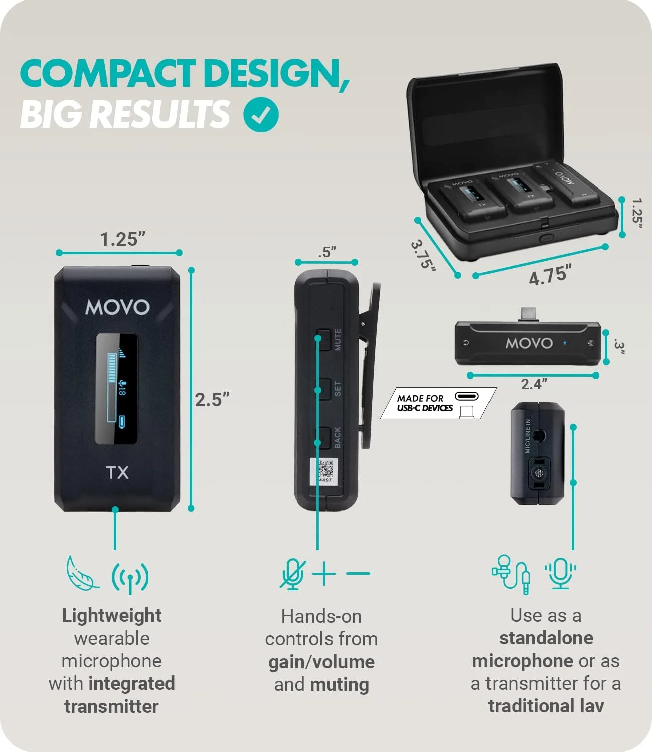 سیستم میکروفون بی سیم دوگانه Movo WMX-2-C برای USB-C – دو میکروفون یقه‌ ای گیره دار برای آیفون 15، اندروید، آیپد پرو، مک بوک – 2 فرستنده بی سیم، جعبه شارژ، باتری 7 ساعته، برد 100 متر