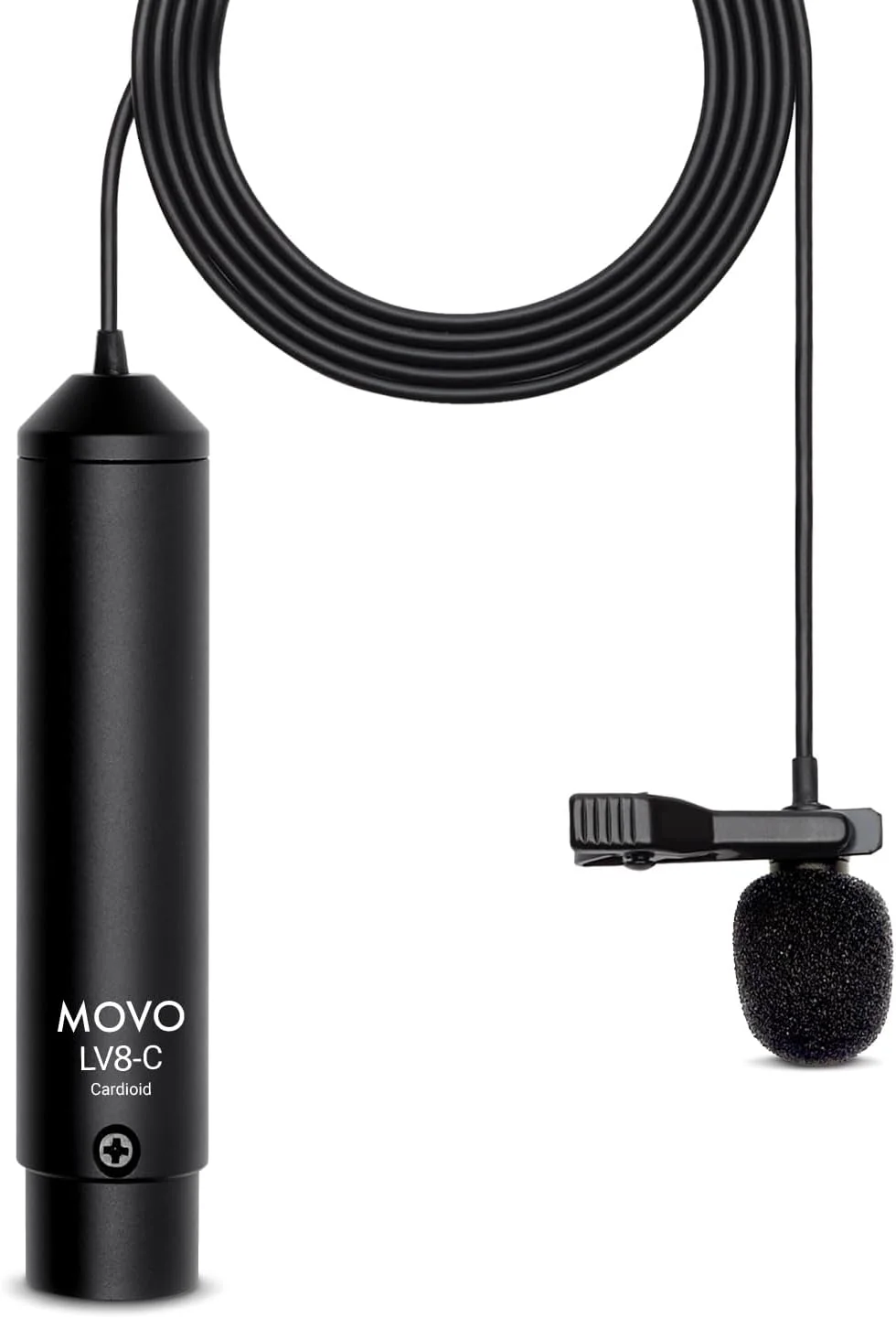 میکروفون یقه‌ای سیم‌دار کاردیوئید کاندنسر XLR با کیفیت پخش Movo LV8-C با کپسول میکروفون 12 میلی‌متری برای ضبط دقیق صدا - این کیت شامل گیره یقه‌، کیف و بادگیر است