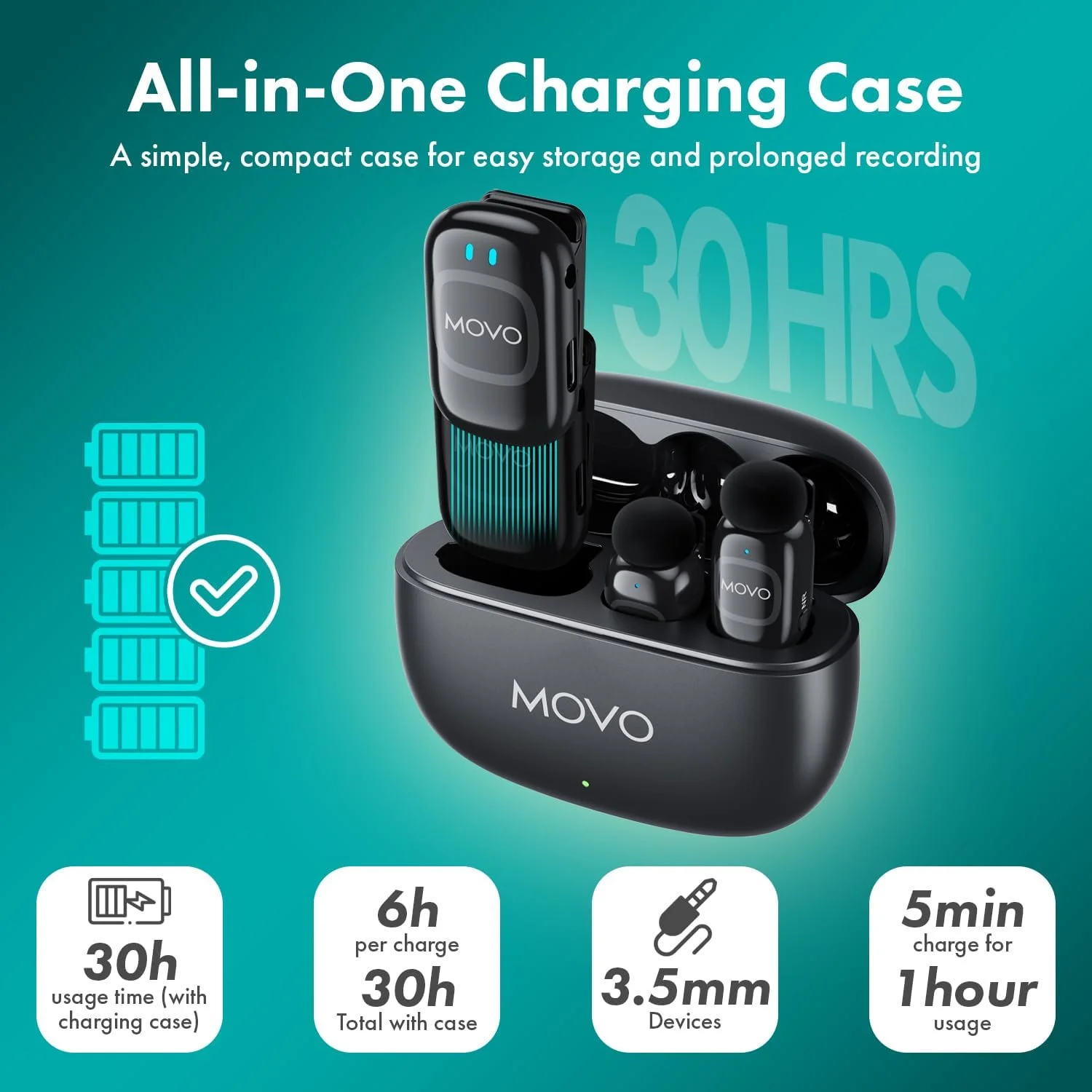 میکروفون یقه ای بی سیم Movo NanoMic برای دوربین - سیستم میکروفون بی سیم گیره ای TRS برای دوربین های DSLR، فیلمبرداری و دوربین های بدون آینه - میکروفون های دوتایی با جعبه شارژ برای فیلم، مصاحبه