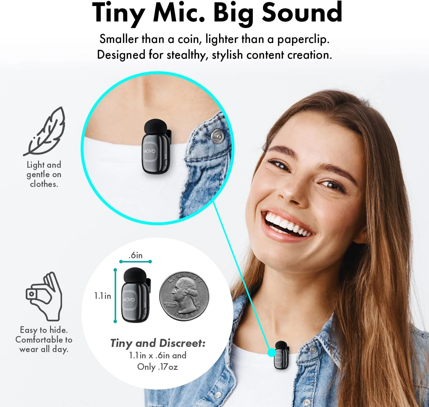 میکروفون یقه ای بی سیم Movo NanoMic برای دوربین - سیستم میکروفون گیره ای TRS برای دوربین های DSLR، فیلمبرداری و دوربین های بدون آینه، فیلم، مصاحبه با دسته میکروفون بی سیم WMX-HM2