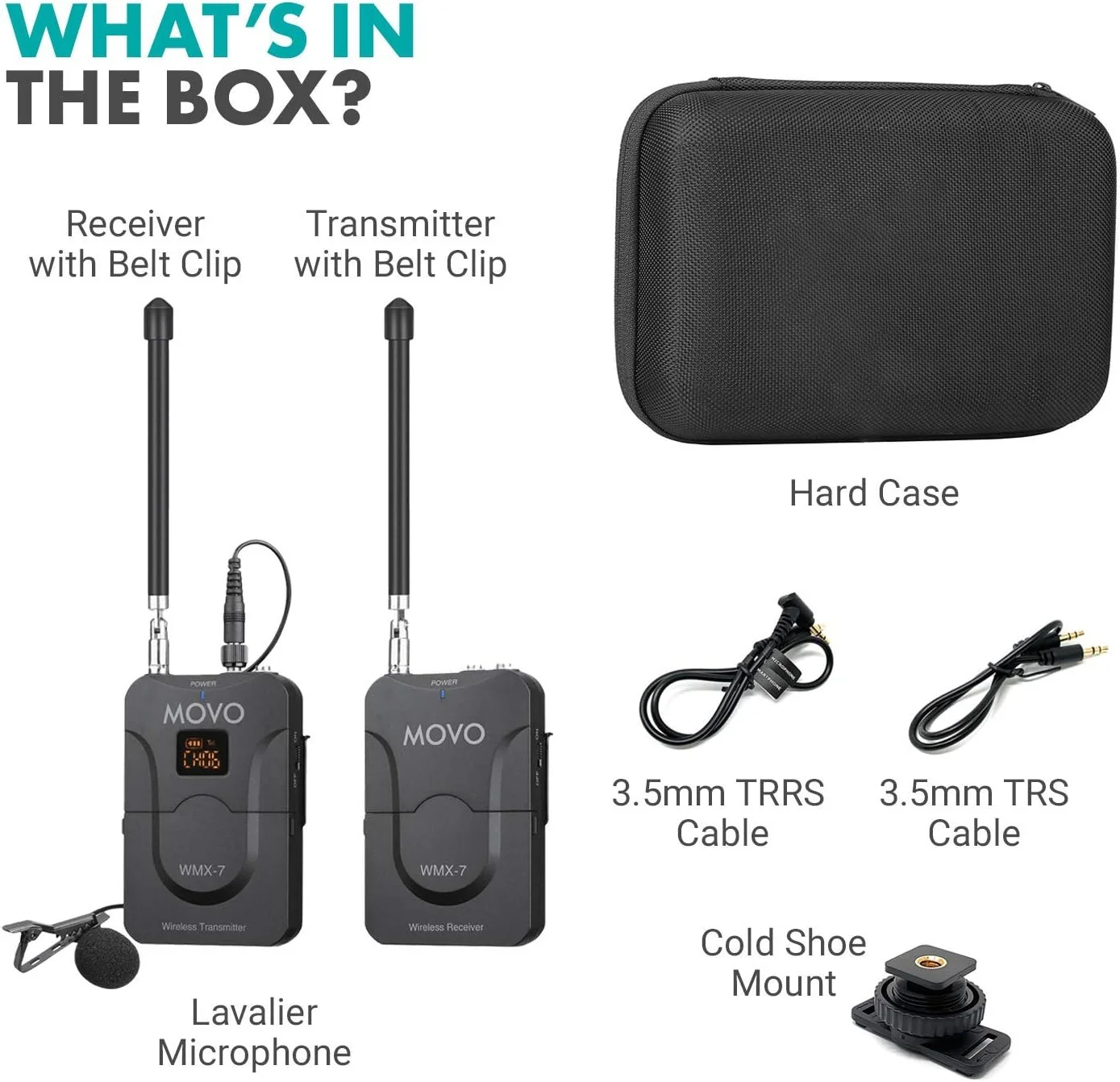 سیستم بی‌سیم یونیورسال Movo، ۱۲ کانال VHF، ۲ میکروفون، ۳.۵ میلی‌متری TRRS