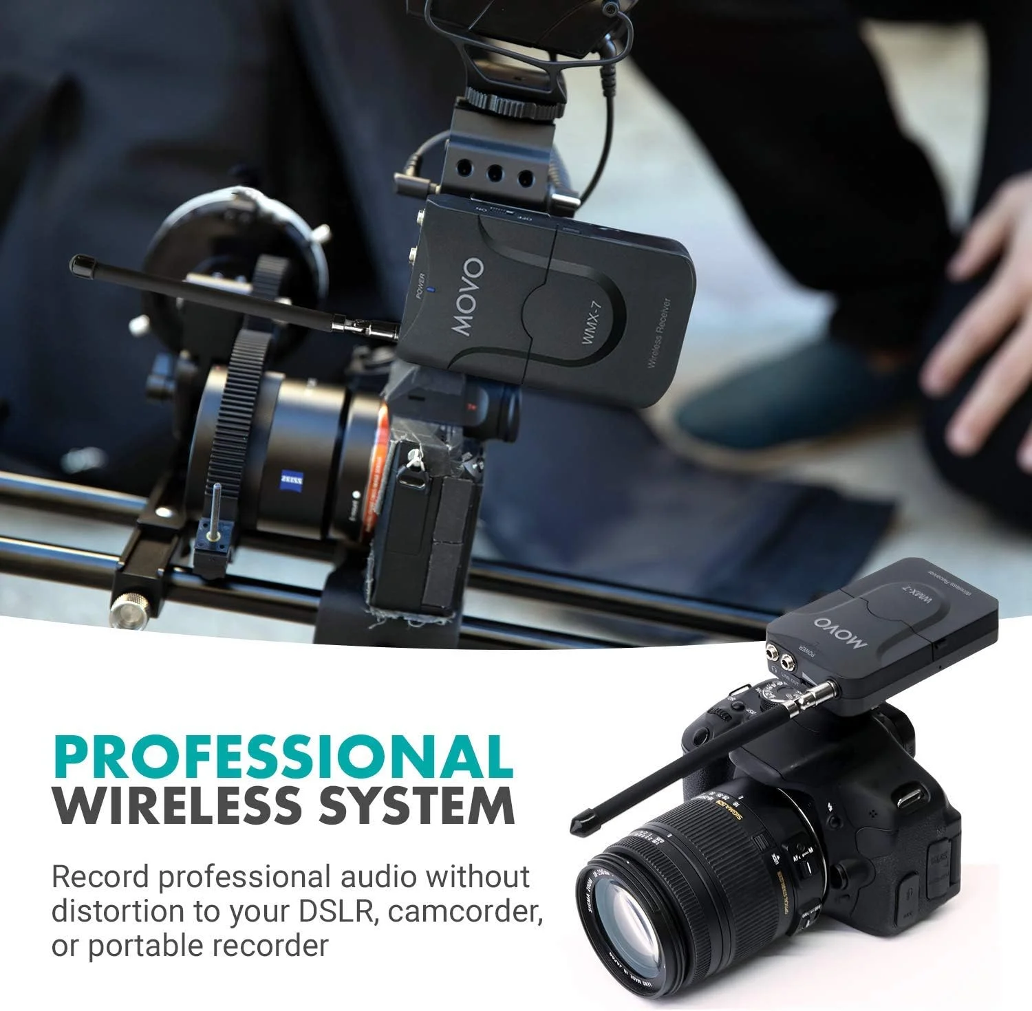 سیستم بی‌سیم یونیورسال Movo، ۱۲ کانال VHF، ۲ میکروفون، ۳.۵ میلی‌متری TRRS