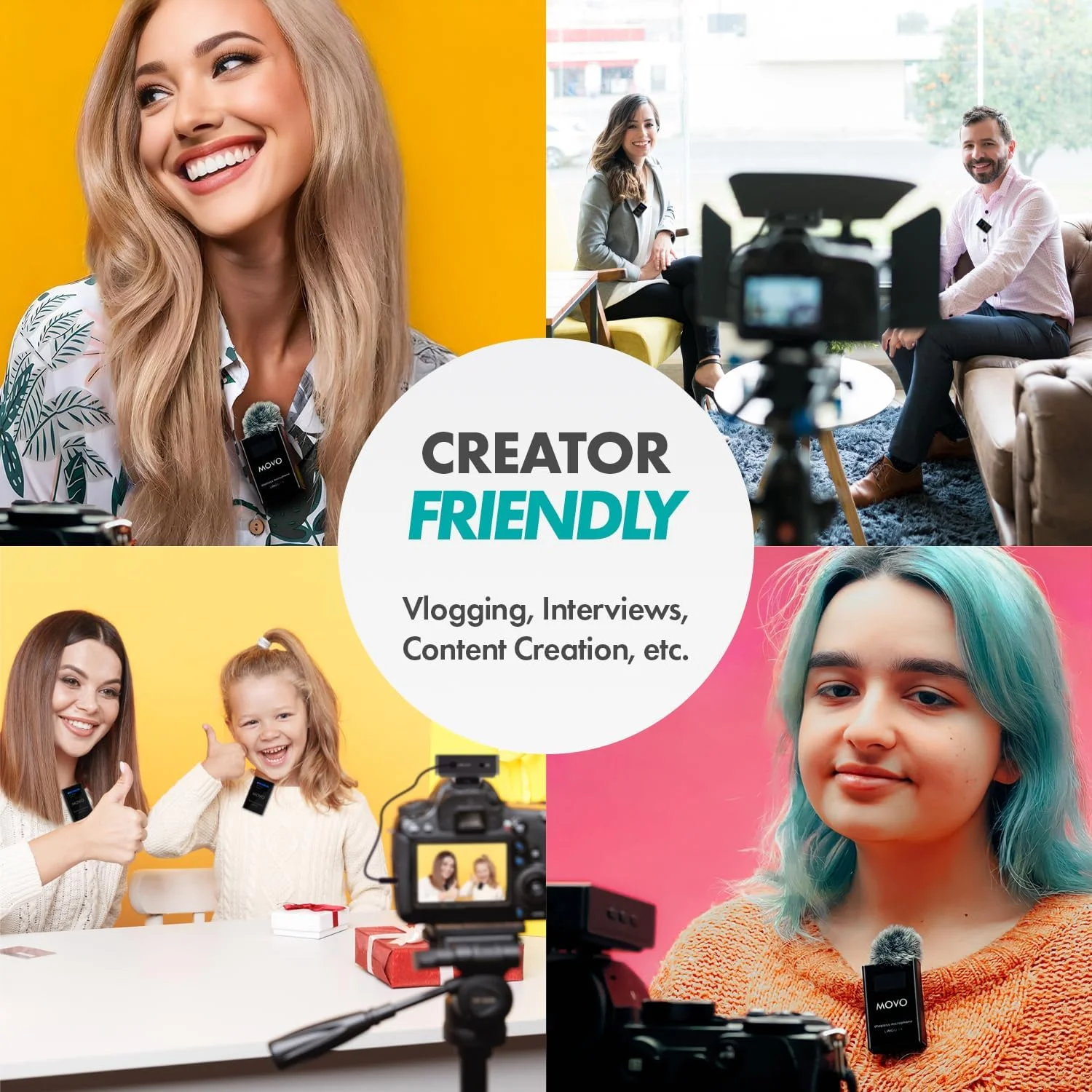 سیستم میکروفون یقه ای بی سیم دوگانه UHF موو مدل Lingo-Duo با 48 کانال برای دوربین - سازگار با دوربین های DSLR کانن، نیکون و سونی - برای فیلم سازی، ولاگ، مصاحبه و تولید محتوا