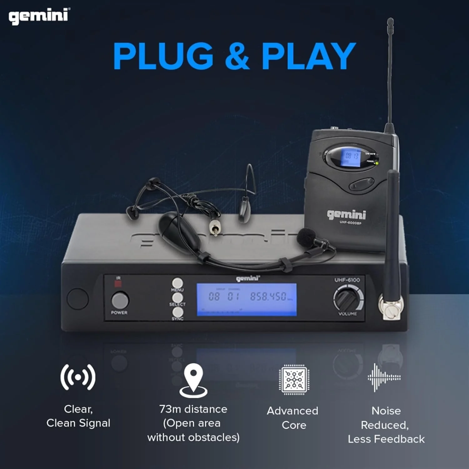 سیستم میکروفون بی سیم Gemini Sound UHF-6100HL – گیرنده UHF با 256 فرکانس قابل انتخاب، میکروفون هدست و یقه ای، برد 240 فوت، صفحه نمایش LCD، صدای بدون نویز برای اجراکنندگان و مربیان