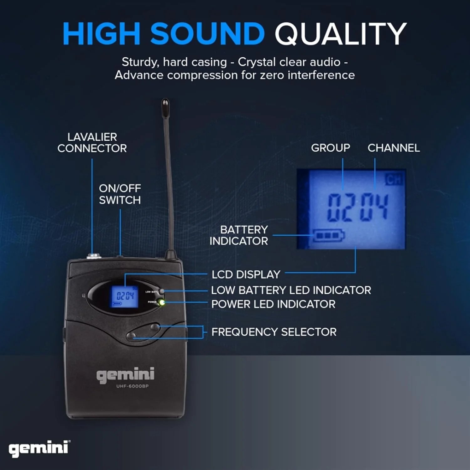 سیستم میکروفون بی سیم Gemini Sound UHF-6100HL – گیرنده UHF با 256 فرکانس قابل انتخاب، میکروفون هدست و یقه ای، برد 240 فوت، صفحه نمایش LCD، صدای بدون نویز برای اجراکنندگان و مربیان