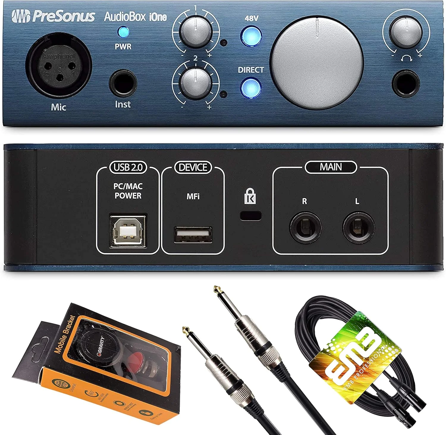 کارت صدای USB پریسونوس AudioBox iOne با 2 ورودی/2 خروجی، 1 ورودی میکروفون XLR، 1 ورودی ساز 1/4 اینچی، نرم افزار Studio One Artist DAW به همراه هولدر مغناطیسی گوشی و بسته کابل XLR و 1/4 اینچی EMB