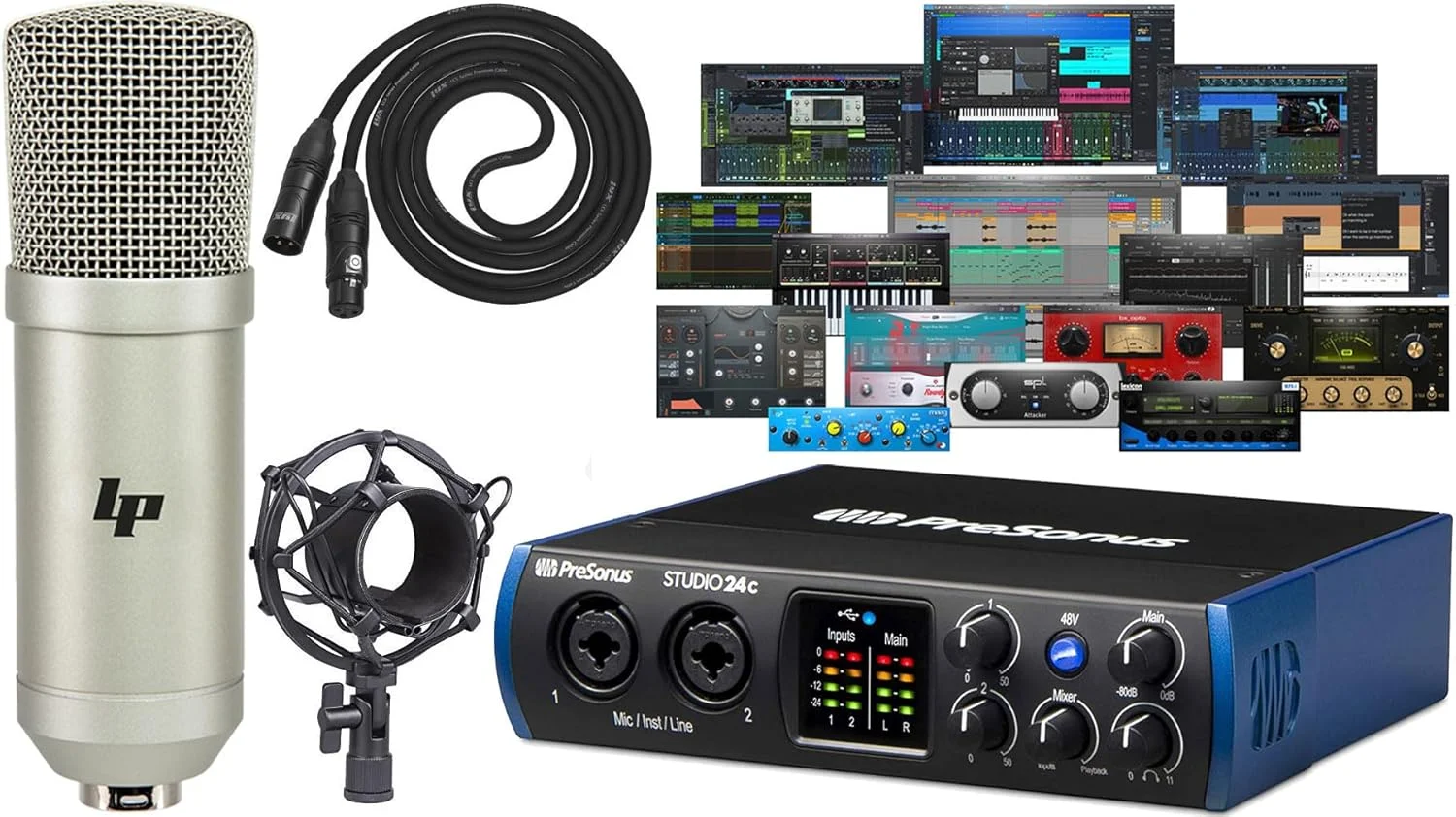 اینترفیس صوتی/MIDI USB پریسونوس Studio 24c 2x2 به همراه بسته نرم افزاری Studio One Artist و کیت میکروفون کاندنسر Lyxpro