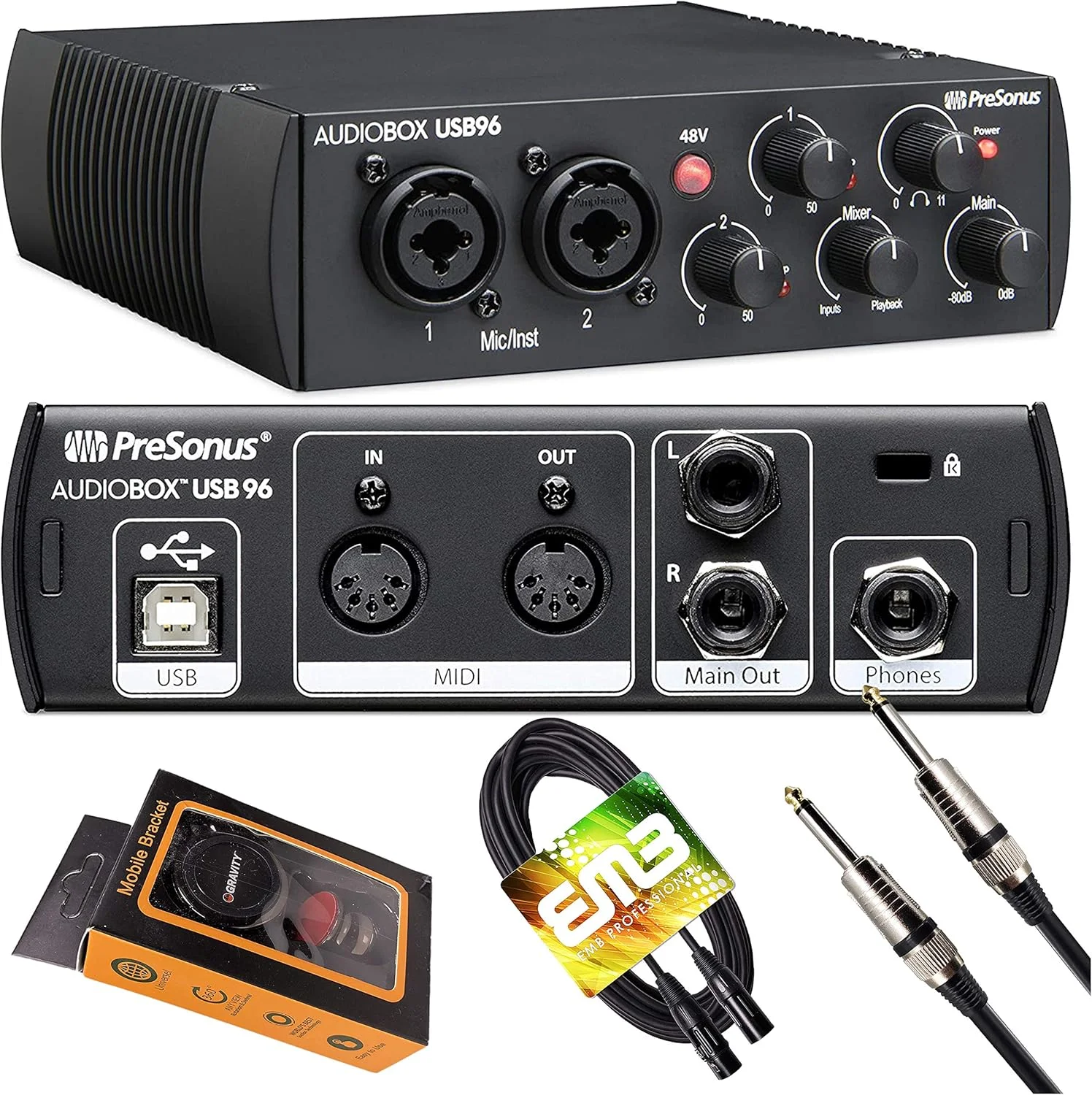 کارت صدای USB مشکی PreSonus AudioBox USB 96، رابط صوتی 2 کاناله 24 بیت/96 کیلوهرتز USB 2.0 با 2 پری امپ ساز/میکروفون به همراه هولدر مغناطیسی موبایل Gravity و بسته کابل EMB XLR و 1/4 اینچی