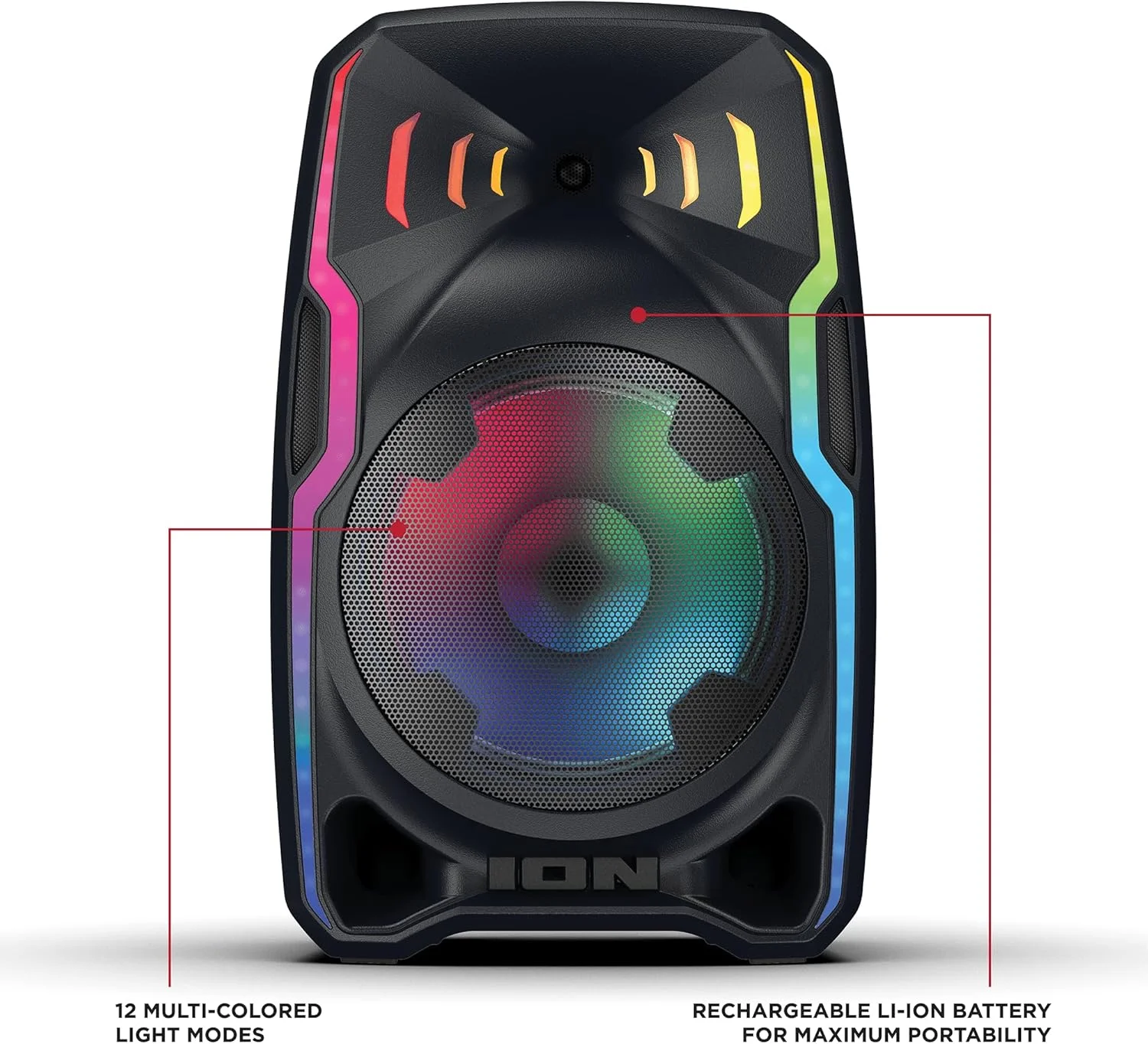 سیستم صوتی پرقدرت و بی‌سیم ION Audio Total PA APEX با باتری، میکروفون بی‌سیم، بلوتوث، میکسر یکپارچه و نورپردازی مهمانی (بازسازی شده)