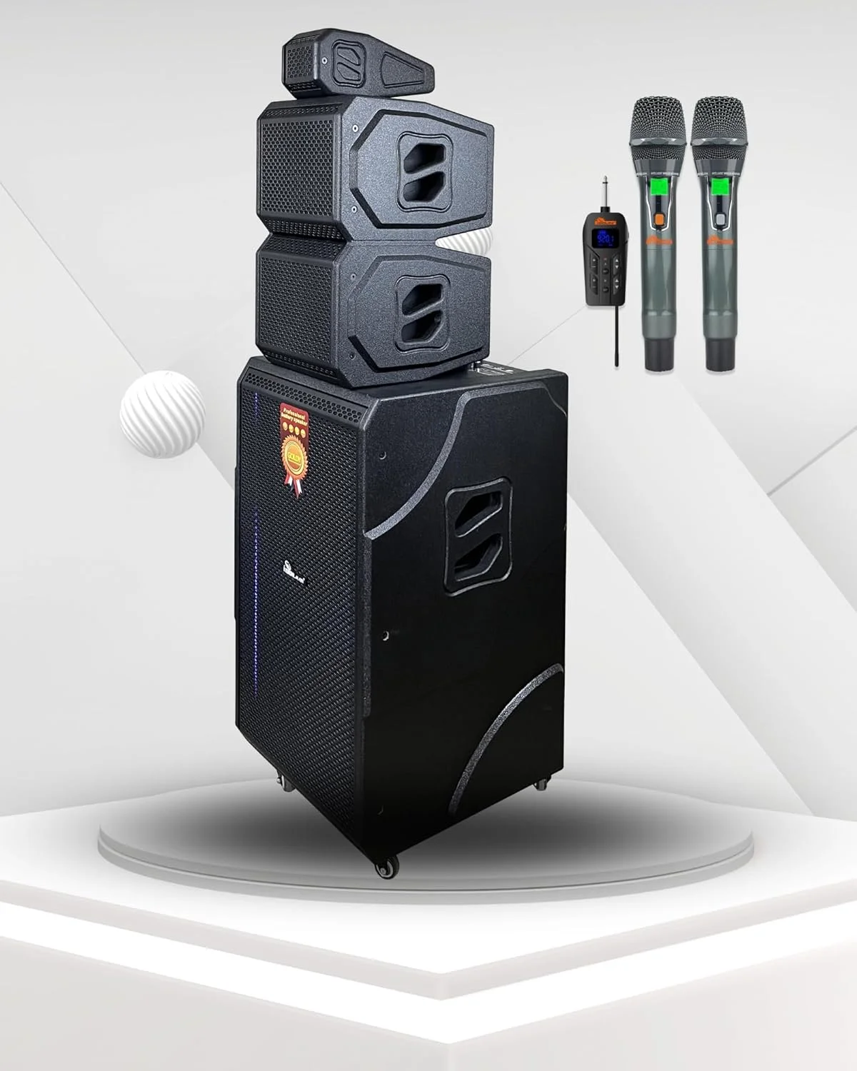 سیستم صوتی حرفه ای قابل شارژ IDOLmain IPS-DJ13، سیستم بلندگوی طراحی شده برج مانند با بلوتوث، 2 میکروفون بی سیم دستی، چوبی مشکی