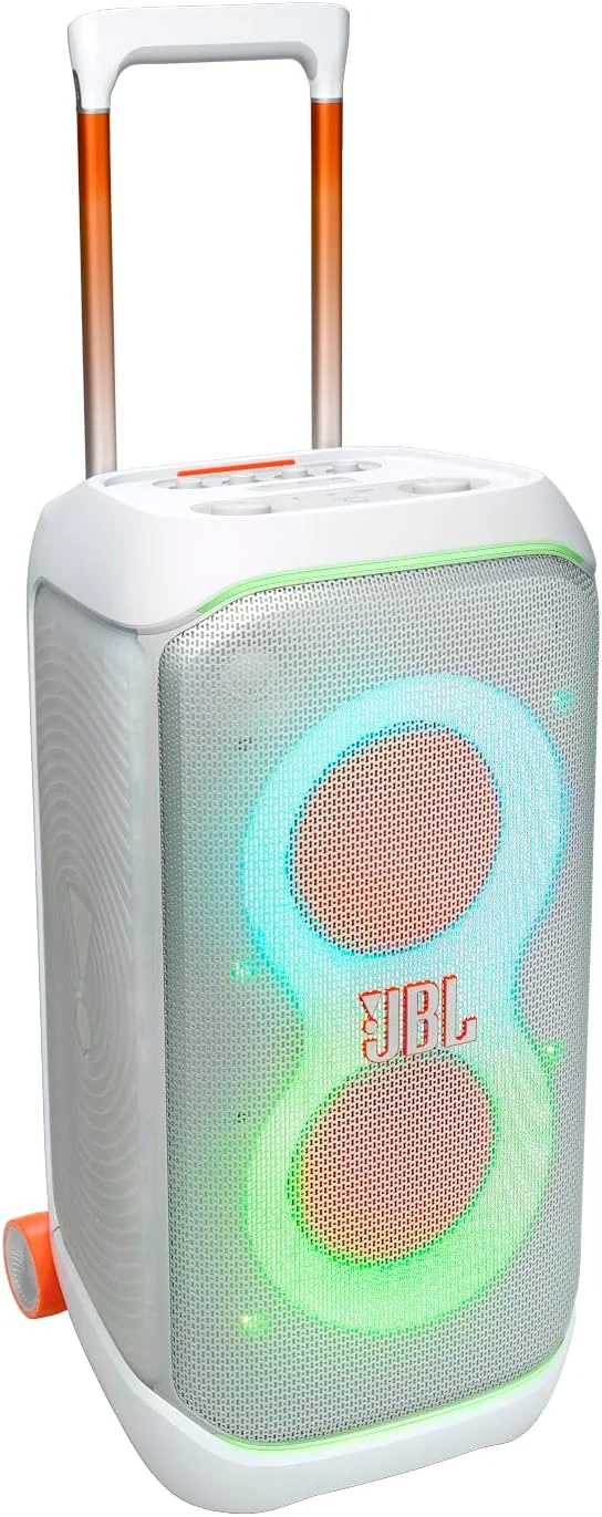 اسپیکر مهمانی قابل حمل JBL PartyBox Stage 320 با دسته تلسکوپی و چرخ‌های پهن و محکم، صدای قدرتمند JBL Pro، نمایش نورهای مدرن، تا 18 ساعت پخش، مقاوم در برابر پاشش آب (سفید)