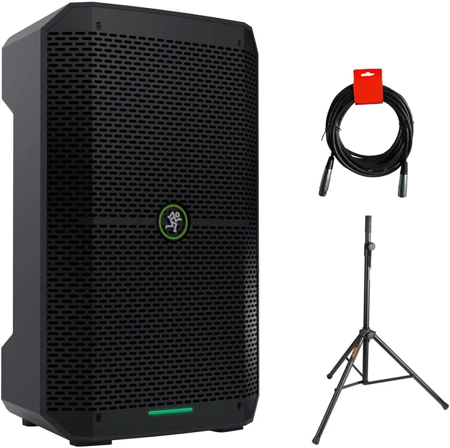 باند اکتیو بلوتوثی قابل حمل مکی Thump Go با ووفر 8 اینچ به همراه پایه باند فلزی و کابل XLR