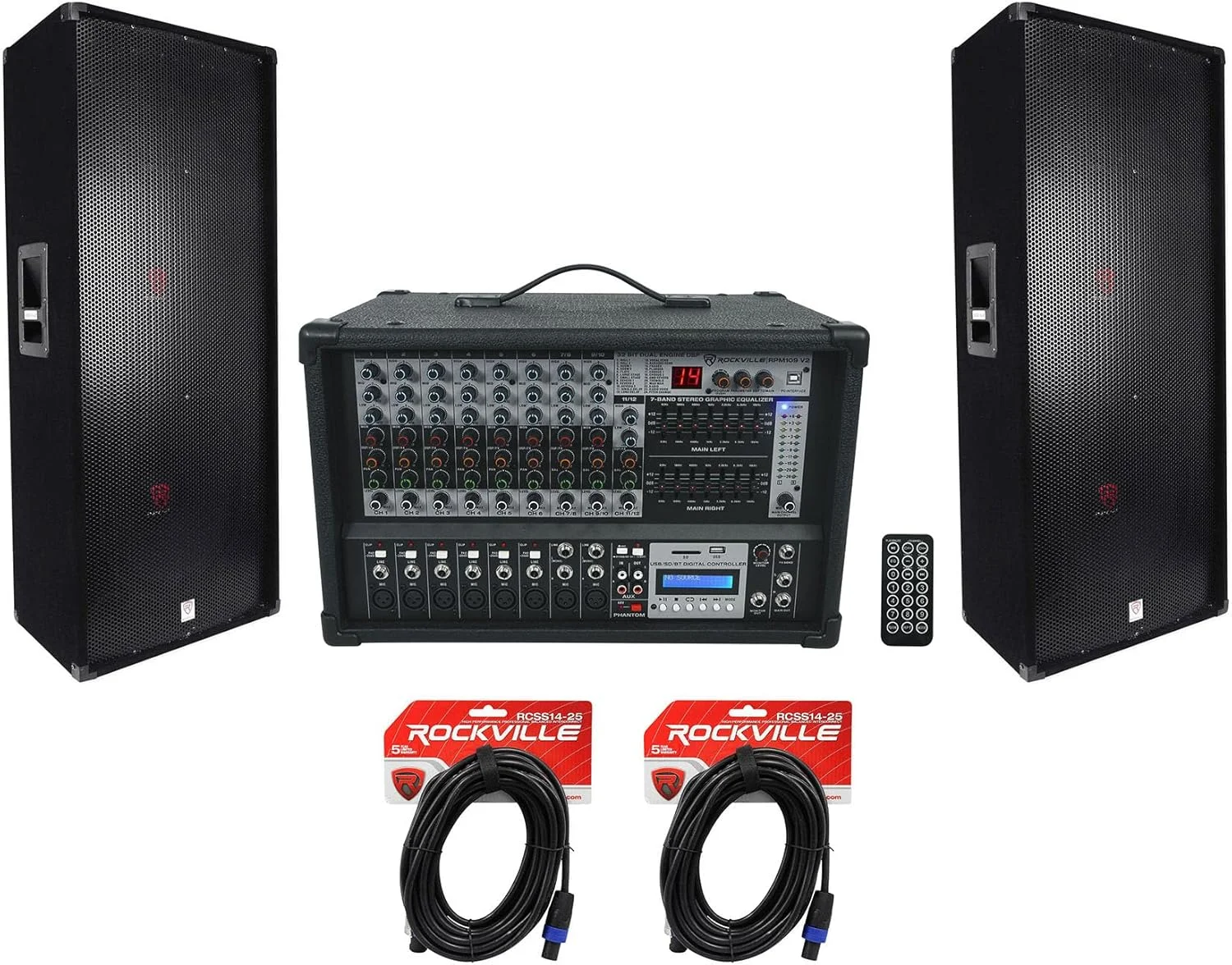 2 عدد بلندگوی 15 اینچی 3000 واتی 3 طرفه DJ/Pro PA Rockville RSG15.24 + میکسر تقویت شده با USB