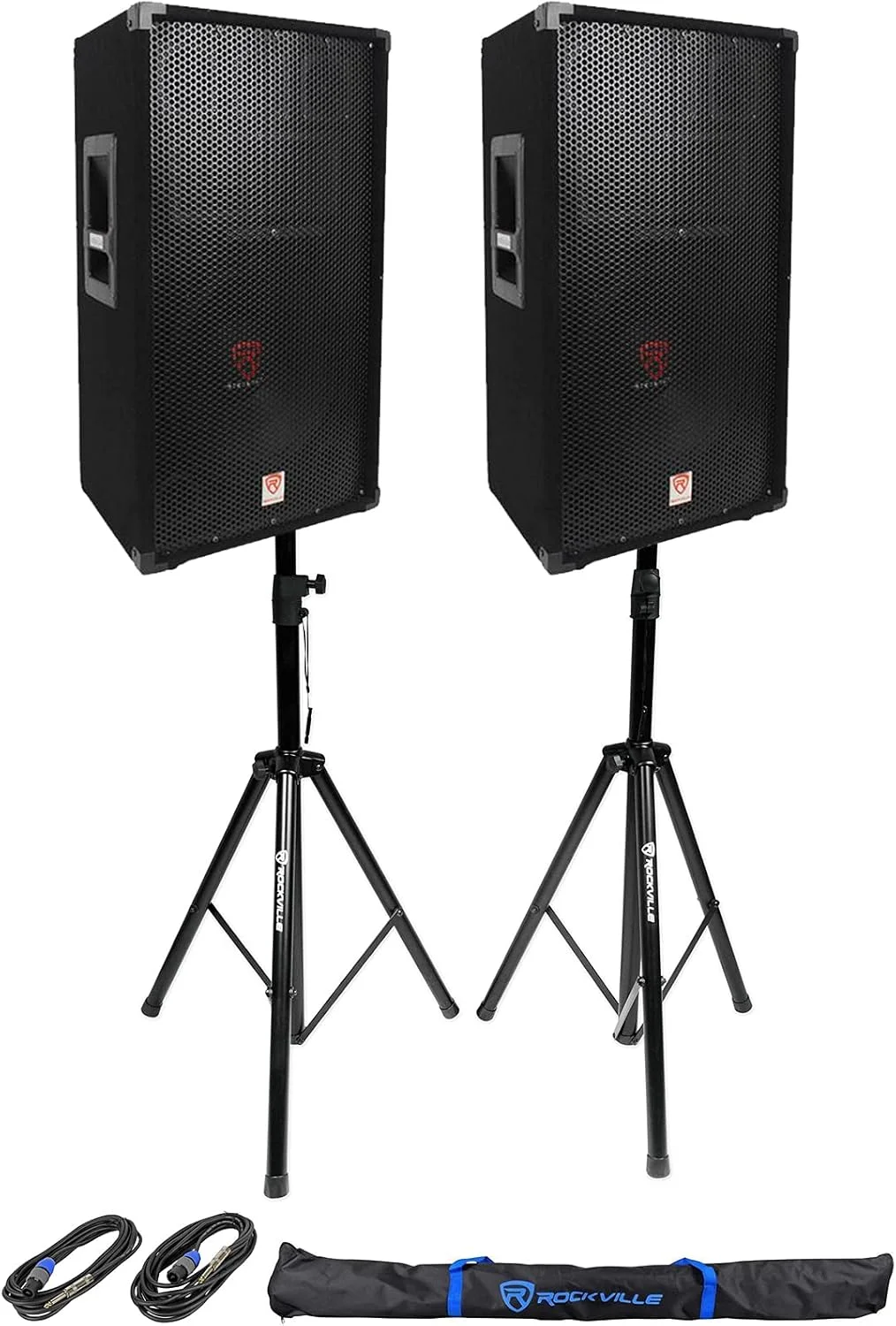 مجموعه Rockville RSG12: (2) بلندگوی پسیو DJ PA سه طرفه 12 اینچی 1000 وات پیک / 500 وات RMS 8 اهم، (2) پایه سه پایه RVSS2-TSNL4 و کابل های 20 فوتی 1/4 اینچی به SpeakOn، 4 قطعه