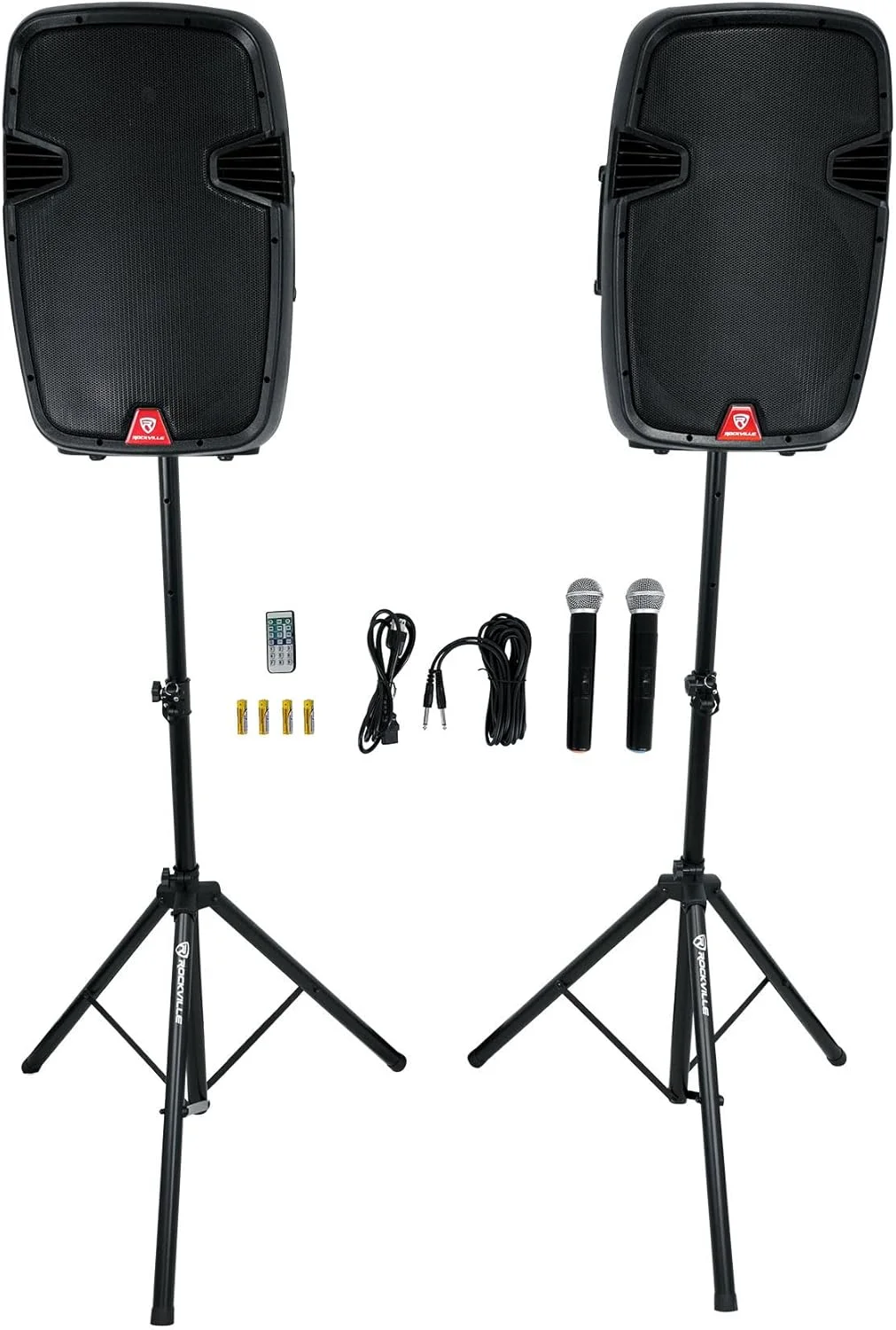 باندل Rockville RAMSYS15: (2) اسپیکر 15 اینچی قابل شارژ DJ/PA، (2) پایه اسپیکر سه پایه، (2) میکروفون بی سیم، حداکثر توان 1000 وات، بلوتوث، USB/SD، TWS، برای مهمانی ها و رویدادها، 6 تکه