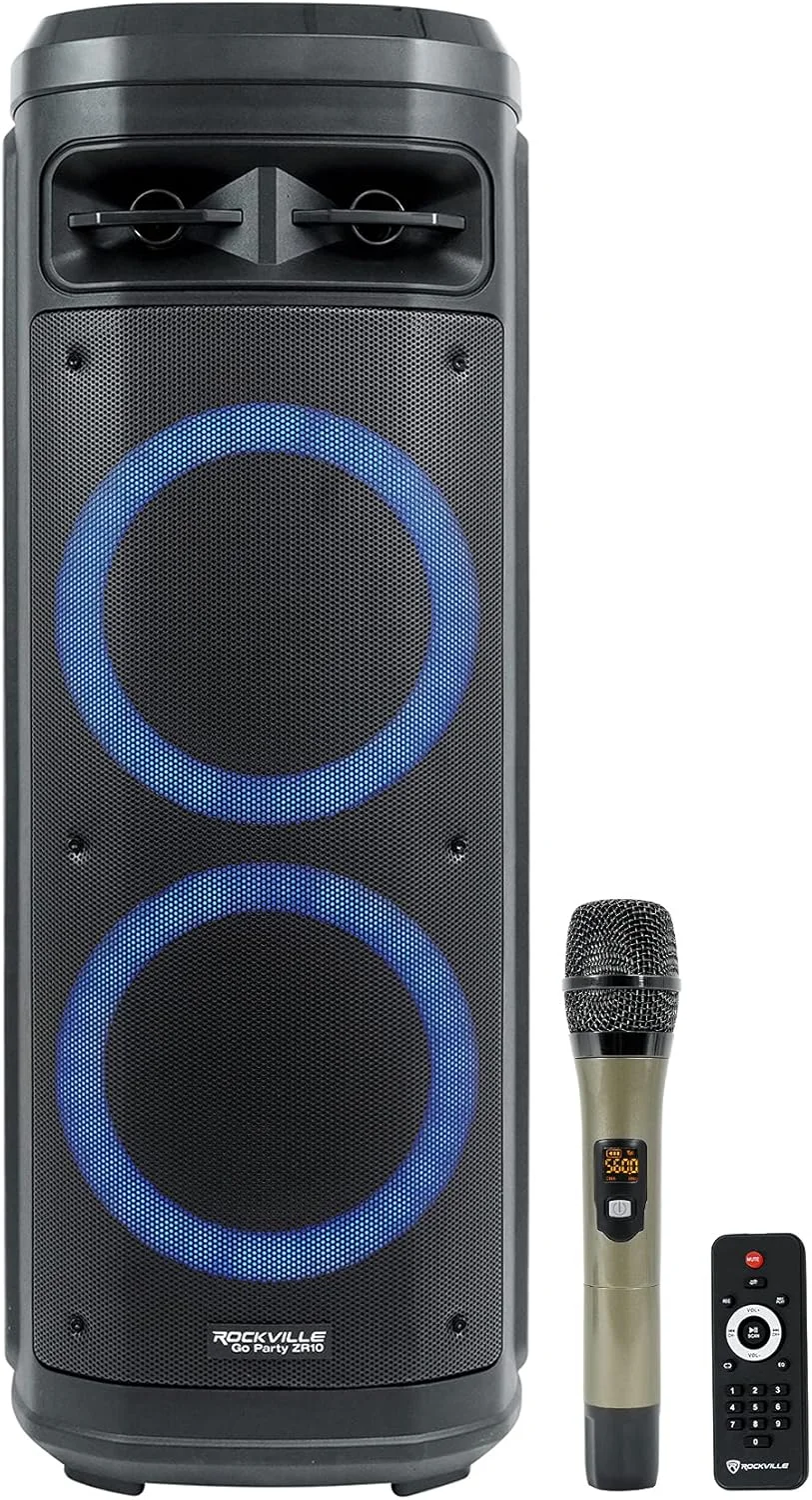اسپیکر بلوتوثی قابل حمل دوگانه 10 اینچی Rockville Go Party ZR10 با توان 1000 وات، چراغ های LED، میکروفون UHF، استریو TWS، ایده آل برای مهمانی ها و رویدادهای فضای باز