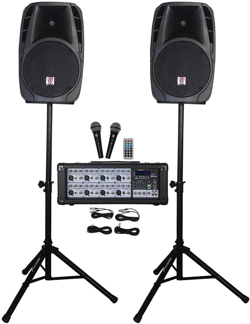 باندل Rockville RPG2X12: (2) بلندگوی پسیو DJ PA ۱۲ اینچی ۱۴۰۰ واتی با استند و میکروفون، میکسر ۸ کاناله ۱۴۰۰ واتی با بلوتوث برای سیستم های صوتی کلیسا، ۲ قلم کالا