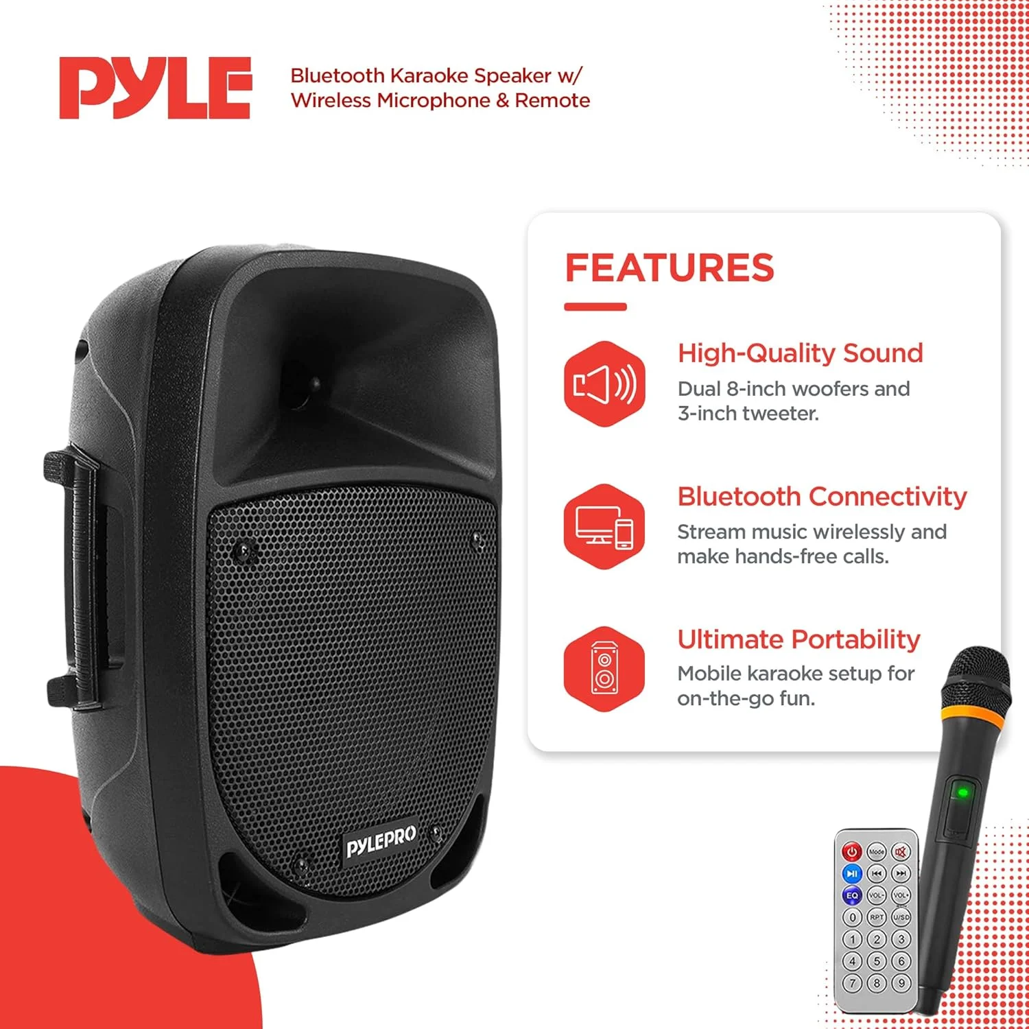 اسپیکر بلوتوثی PA قابل حمل 800 واتی Pyle - ساب ووفر 8 اینچی، چراغ های نشانگر LED باتری با باتری قابل شارژ داخلی، کارت خوان MP3/USB/SD و میکروفون بی سیم UHF - Pyle PSBT85A، مشکی - تصویر 2
