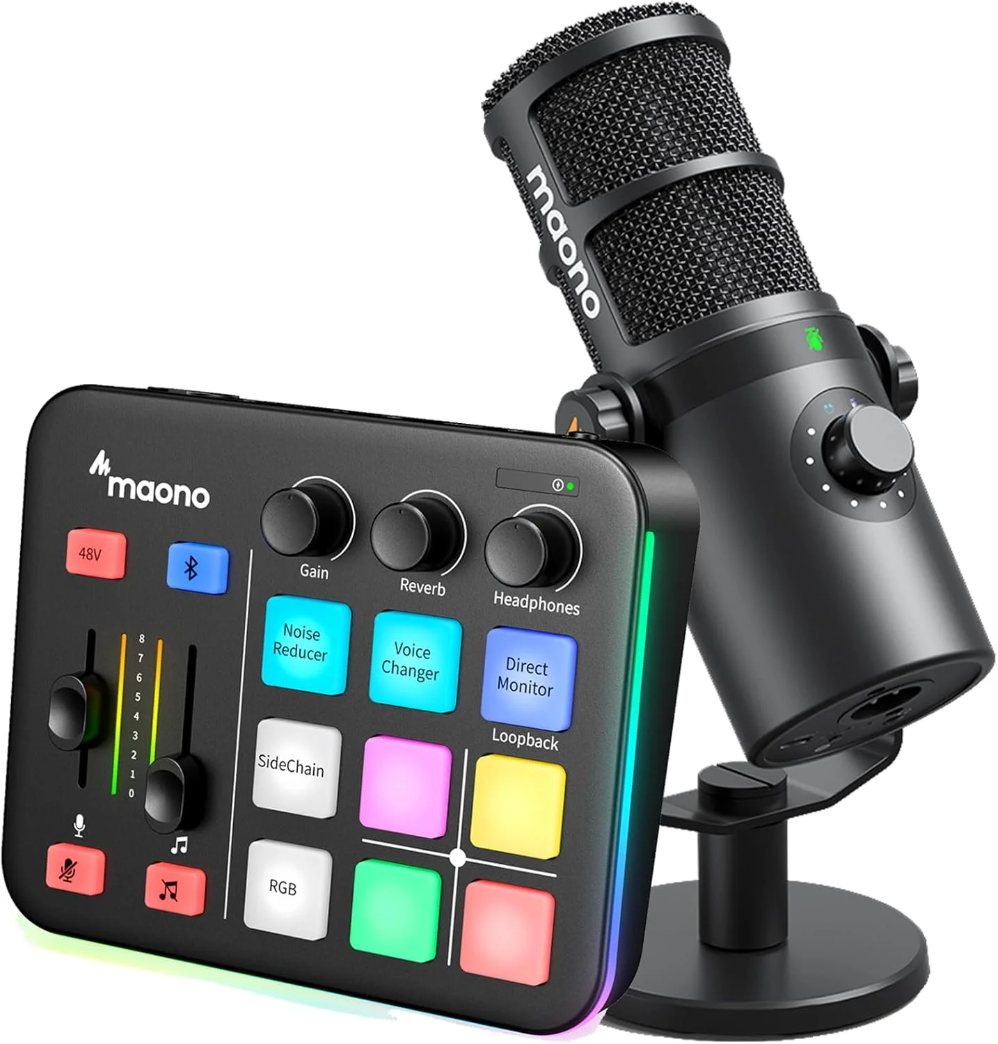 میکسر صوتی گیمینگ و میکروفون دینامیک XLR، رابط صوتی با پیش تقویت کننده حرفه ای، RGB، بلوتوث، فانتوم پاور 48 ولت برای پخش زنده، پادکست، تولید محتوا، بازی