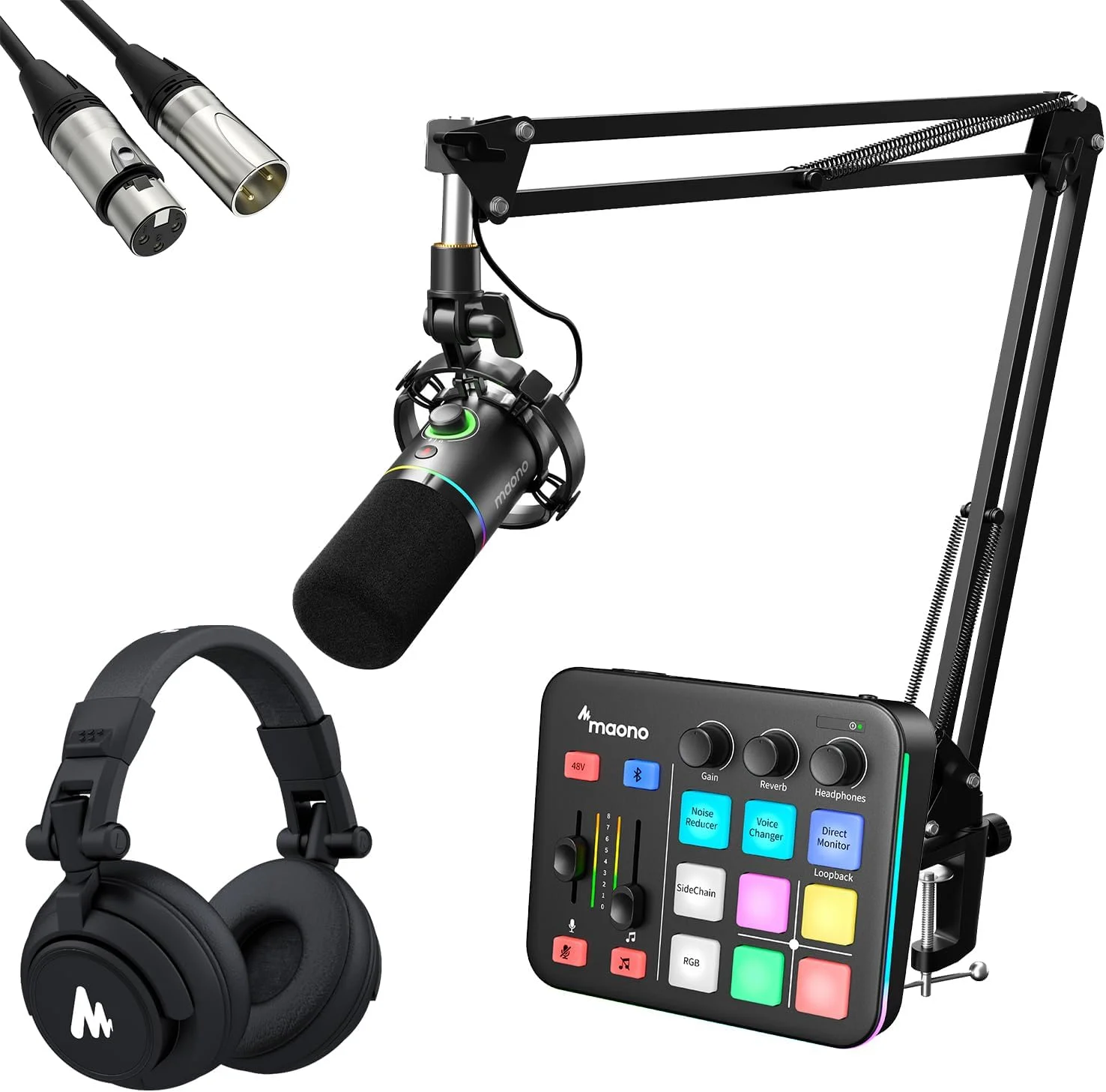 میکروفون داینامیک XLR/USB، میکسر گیمینگ و هدفون استودیویی MAONO، مناسب برای پخش زنده، پادکست، تولید محتوا و بازی