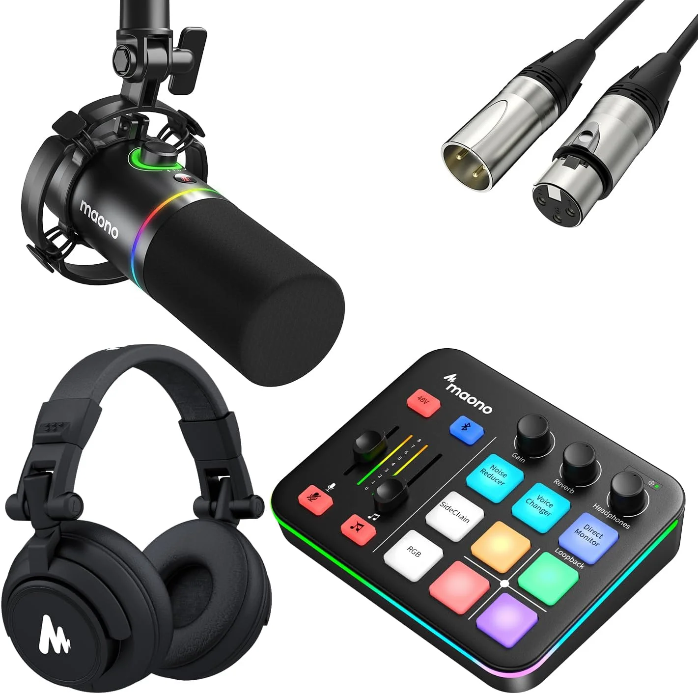 میکروفون داینامیک XLR/USB، میکسر بازی و هدفون استودیویی MAONO، مناسب برای پخش زنده، پادکست، تولید محتوا و بازی