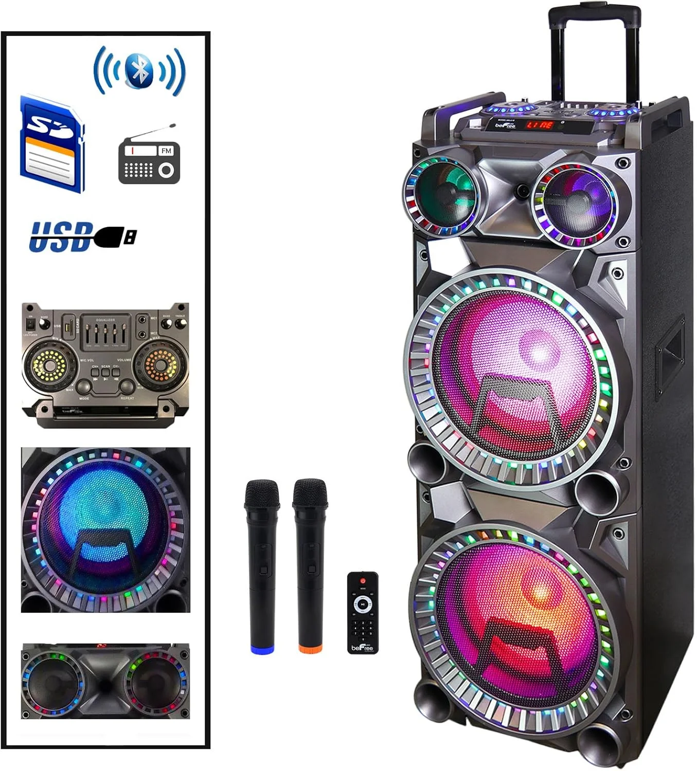اسپیکر مهمانی قابل حمل بلوتوثی Befree Sound با دو ساب ووفر 10 اینچی، نورپردازی مهمانی واکنش‌گرا به صدا، ورودی USB/SD، باتری قابل شارژ، کنترل از راه دور و 2 میکروفون بی‌سیم