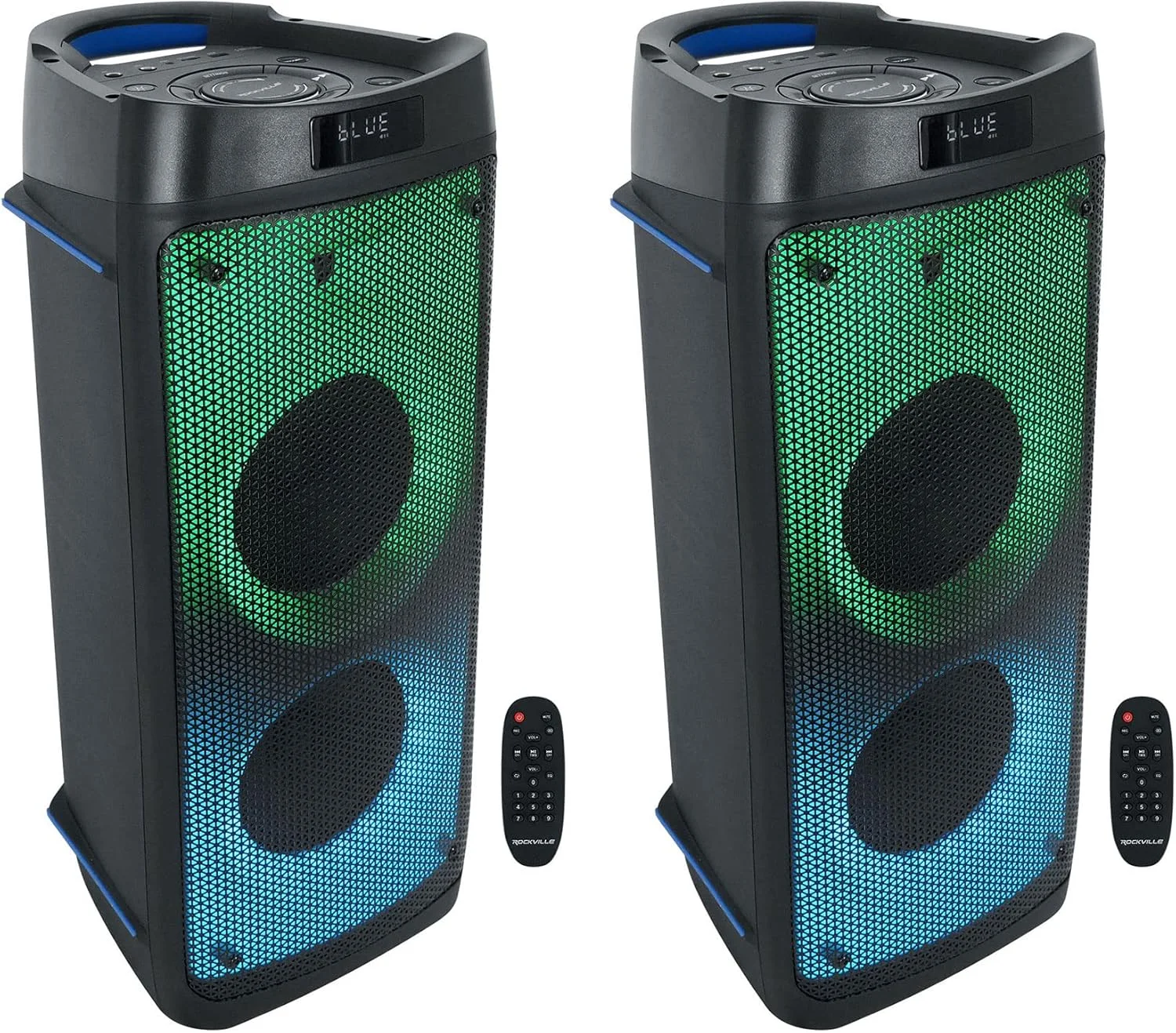 اسپیکر بلوتوثی 1200 واتی Rockville BASS Party 65، ووفر دوگانه 6.5 اینچی، 4 حالت LED، ورودی میکروفون و گیتار، اتصال TWS، باتری قابل شارژ، برای مهمانی ها و کارائوکه، 2 تکه
