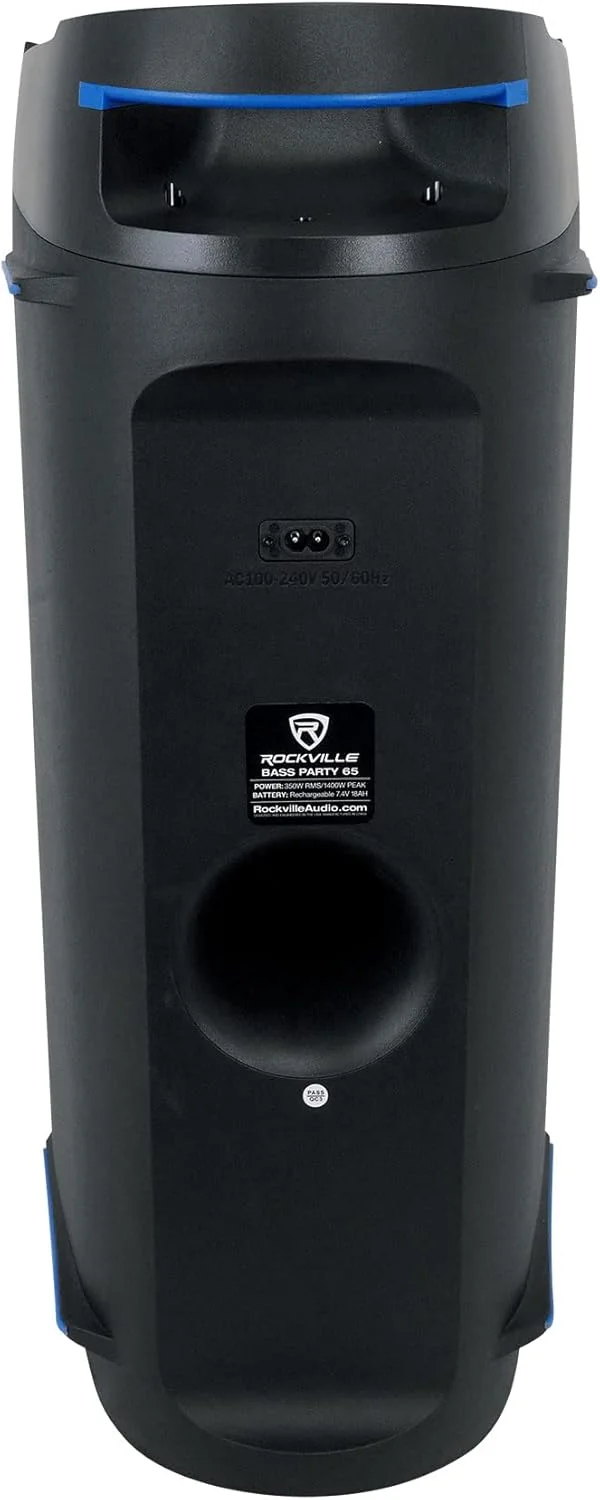اسپیکر بلوتوثی 1200 واتی Rockville BASS Party 65، ووفر دوگانه 6.5 اینچی، 4 حالت LED، ورودی میکروفون و گیتار، اتصال TWS، باتری قابل شارژ، برای مهمانی ها و کارائوکه، 2 تکه