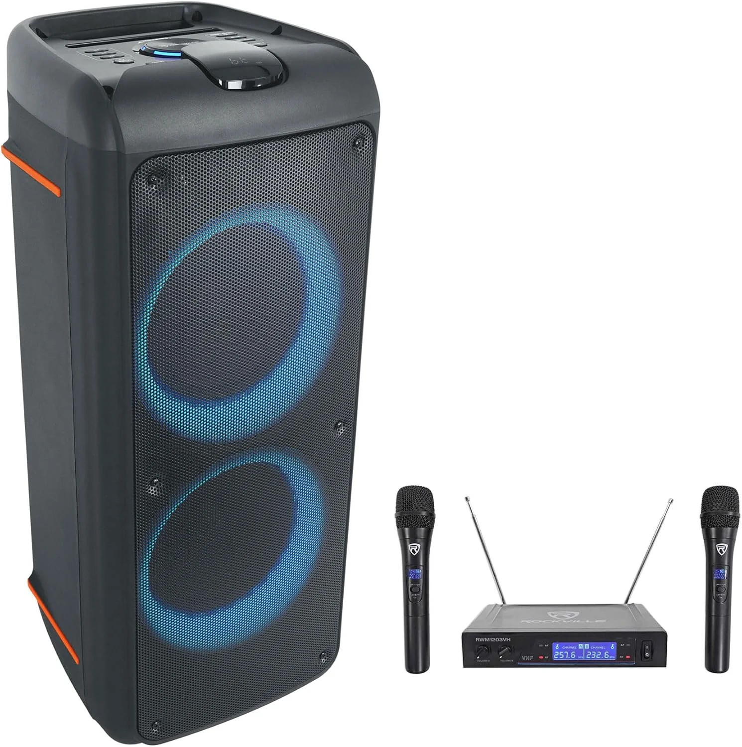باندل Rockville: اسپیکر بلوتوثی خانگی/قابل حمل Rockville Rock Party 9 با دو ووفر 8 اینچی، بیس عمیق و افکت ها + باندل میکروفون بی سیم دوگانه دستی VHF مدل Rockville RWM1203VH (شامل 2 قلم کالا)