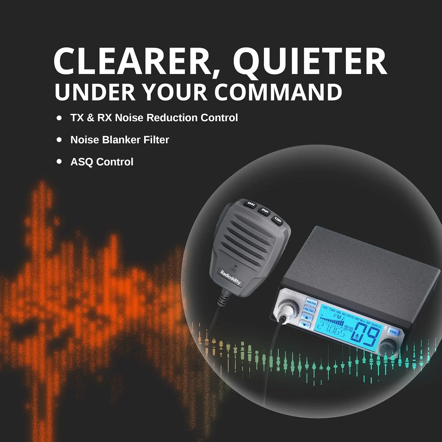 فرستنده و گیرنده رادیویی موبایل CB-500 با قابلیت کاهش نویز، AM FM، توان خروجی 4 وات، کانال اضطراری فوری 9/19، پشتیبانی از سیستم PA و صفحه نمایش با نور پس زمینه 7 رنگ به همراه اسپیکر مینی RS58