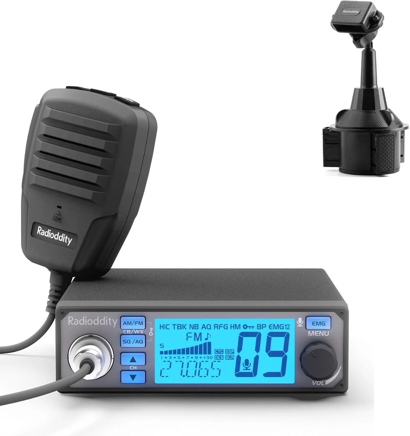 فرستنده و گیرنده رادیویی موبایل Radioddity CB-500 با قابلیت کاهش نویز، AM FM، توان خروجی 4 وات، کانال اضطراری فوری 9/19، پشتیبانی از سیستم PA و نمایشگر با نور پس زمینه 7 رنگ، به همراه پایه رادیویی RH2