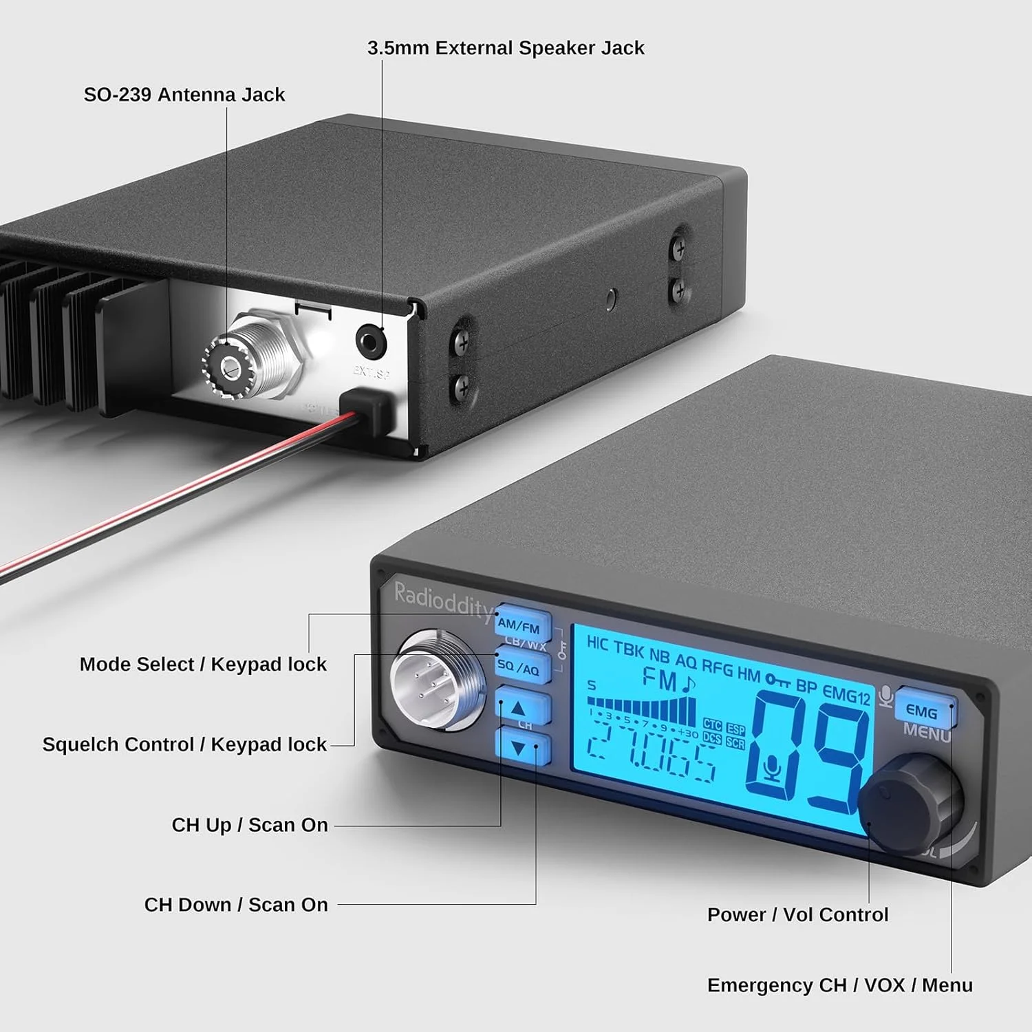 فرستنده و گیرنده رادیویی موبایل CB-500 با قابلیت کاهش نویز، AM FM، توان خروجی 4 وات، کانال اضطراری فوری 9/19، پشتیبانی از سیستم PA و صفحه نمایش با نور پس زمینه 7 رنگ به همراه اسپیکر مینی RS58
