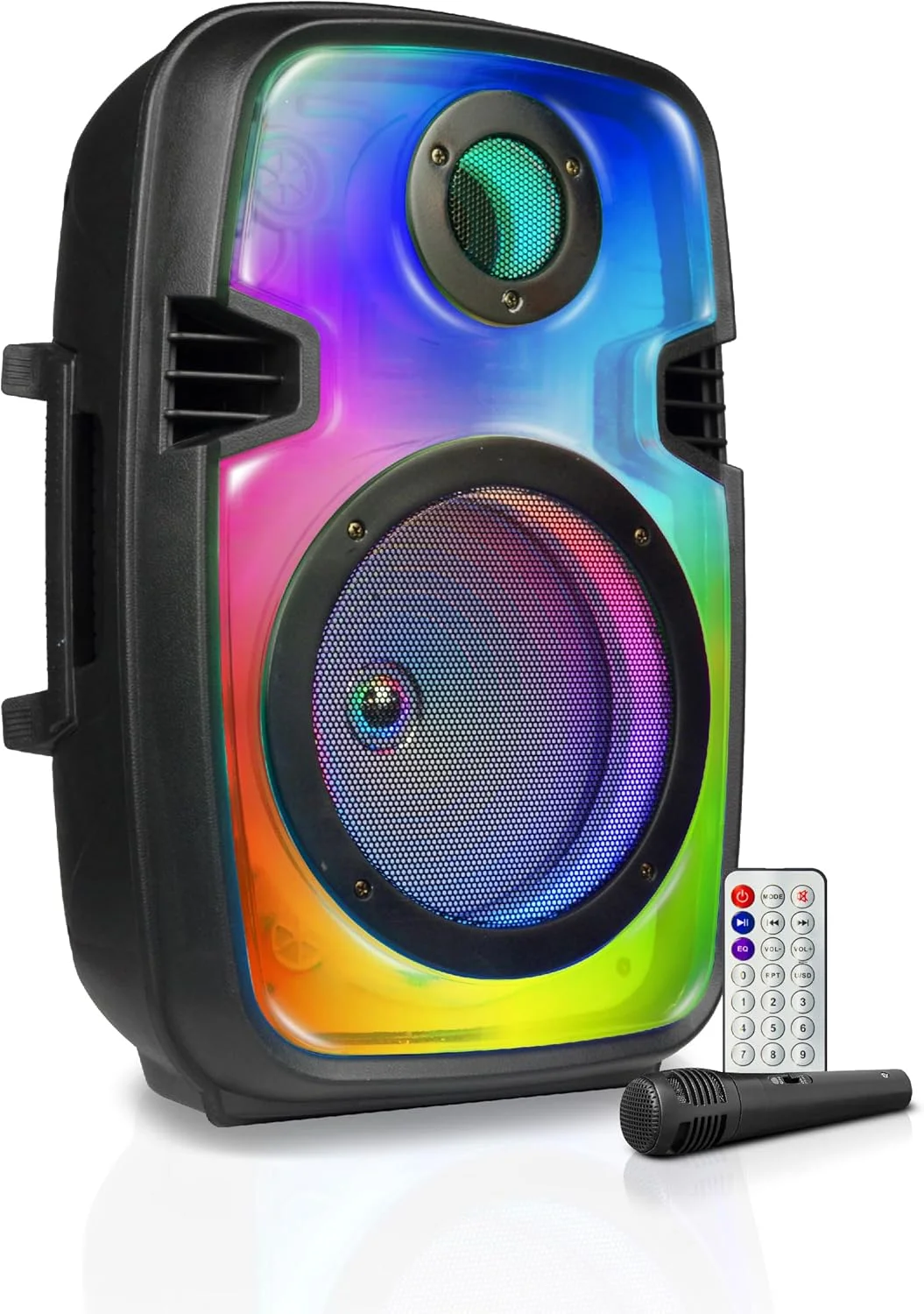 اسپیکر بلوتوثی قابل حمل 8 اینچی RCA FLEX-88 به همراه میکروفون سیمی، کنترل از راه دور، رادیو FM، پخش USB/TF و چراغ های LED