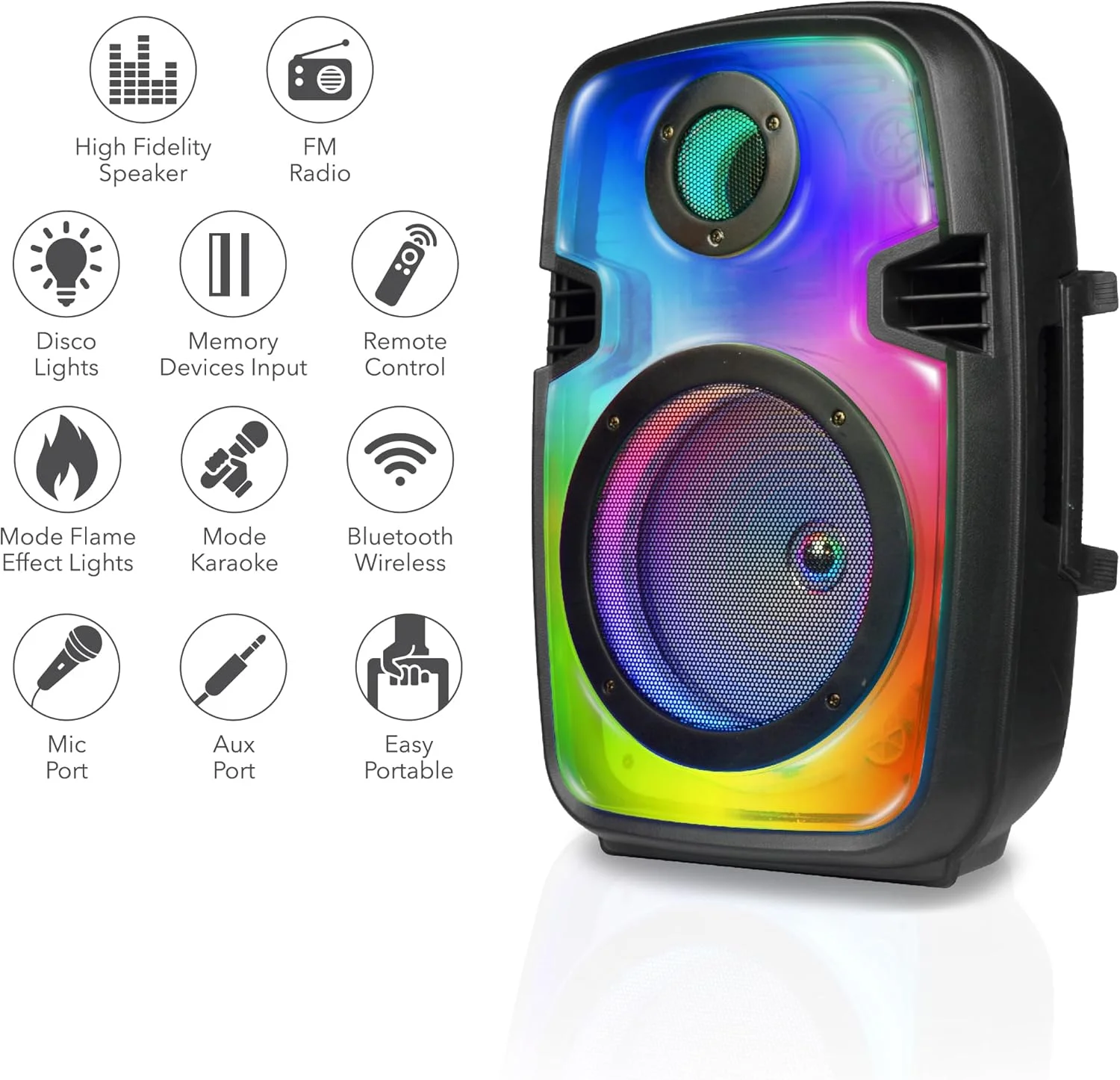 اسپیکر بلوتوثی قابل حمل 8 اینچی RCA FLEX-88 به همراه میکروفون سیمی، کنترل از راه دور، رادیو FM، پخش USB/TF و چراغ های LED