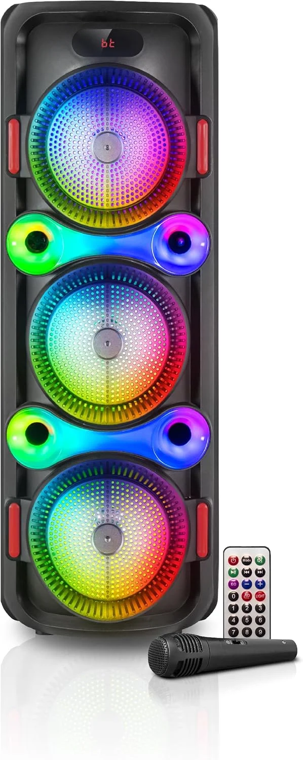 اسپیکر مهمانی بلوتوث RCA BEAT-208 با سه ووفر 8 اینچی، نمایش نور LED، ورودی میکروفون کارائوکه، رادیو FM، پخش USB/TF، جفت‌سازی TWS – اسپیکر قابل حمل شارژی با میکروفون سیمی و ریموت