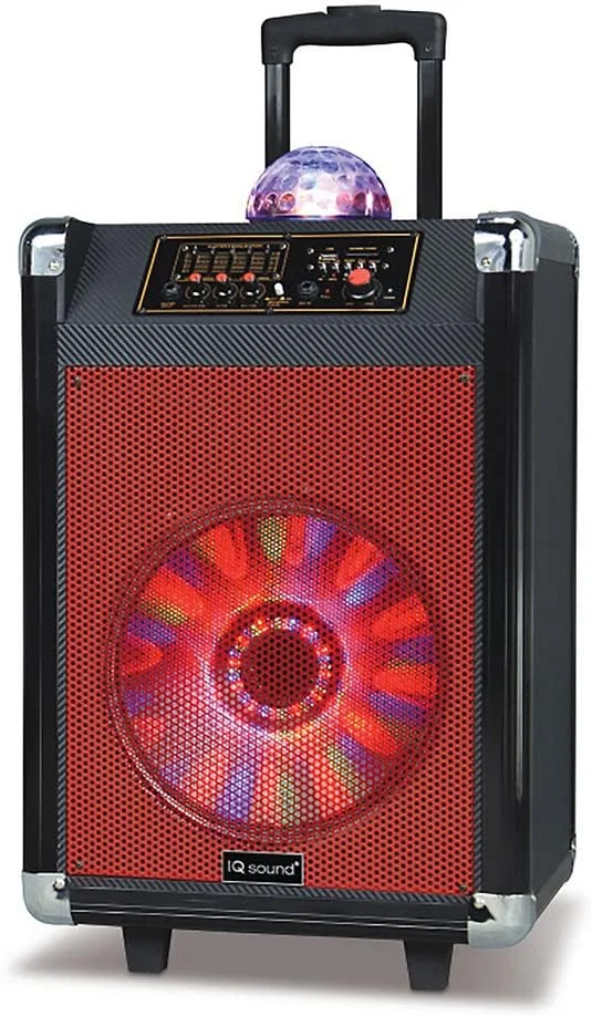 اسپیکر بلوتوثی قابل حمل 12 اینچی IQ Sound IQ-3612DJBT با نور توپ دیسکو، ووفر 12 اینچی، بلوتوث، ورودی میکروفون/گیتار، رادیو FM، توان خروجی 600 وات، AC/DC، باتری قابل شارژ و ریموت (قرمز)