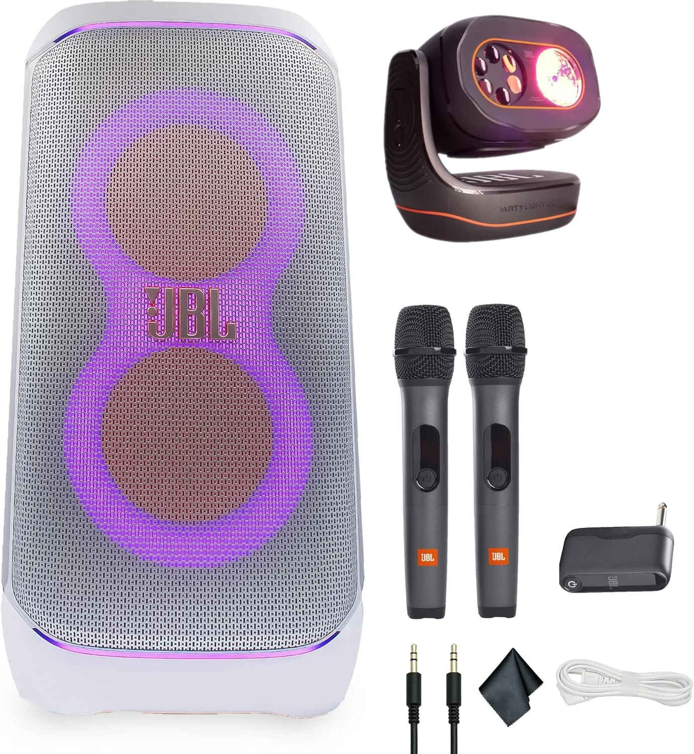 اسپیکر بی سیم قابل حمل ضد آب JBL PartyBox Club 120 سفید - 160 وات + نورپردازی مهمانی + سیستم دو میکروفون بی سیم با گیرنده + کابل AUX + پارچه میکروفایبر