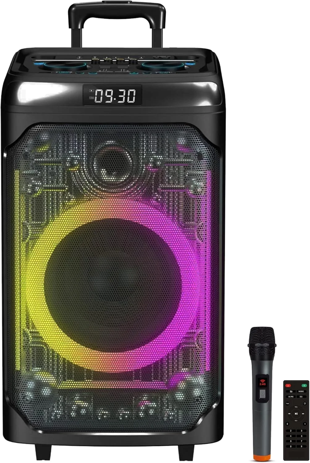 اسپیکر بلوتوثی قابل شارژ 12 اینچی IQ Sound IQ-7612DJBT با TWS، صدای قدرتمند 100 واتی، نمایش نور LED، رادیو FM، ورودی میکروفون و گیتار، USB/AUX، کنترل باس و تریبل و دسته چرخ دار آسان