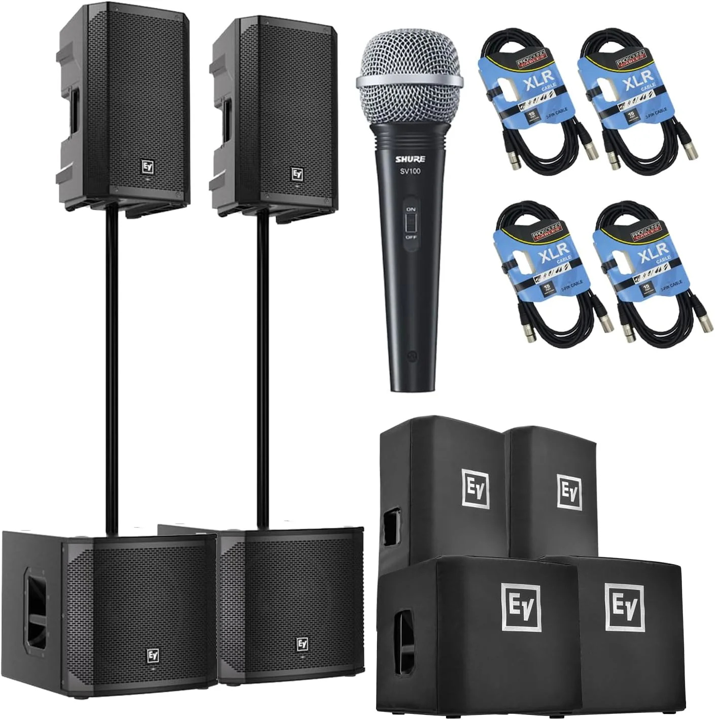 باندل شامل (2) عدد Electro-Voice ELX200-15P، (2) عدد EV ELX200-12SP، (2) عدد کاور ELX200-15P، (2) عدد کاور ELX200-12SP، (2) عدد پایه، میکروفون SV100، (4) عدد کابل XLR