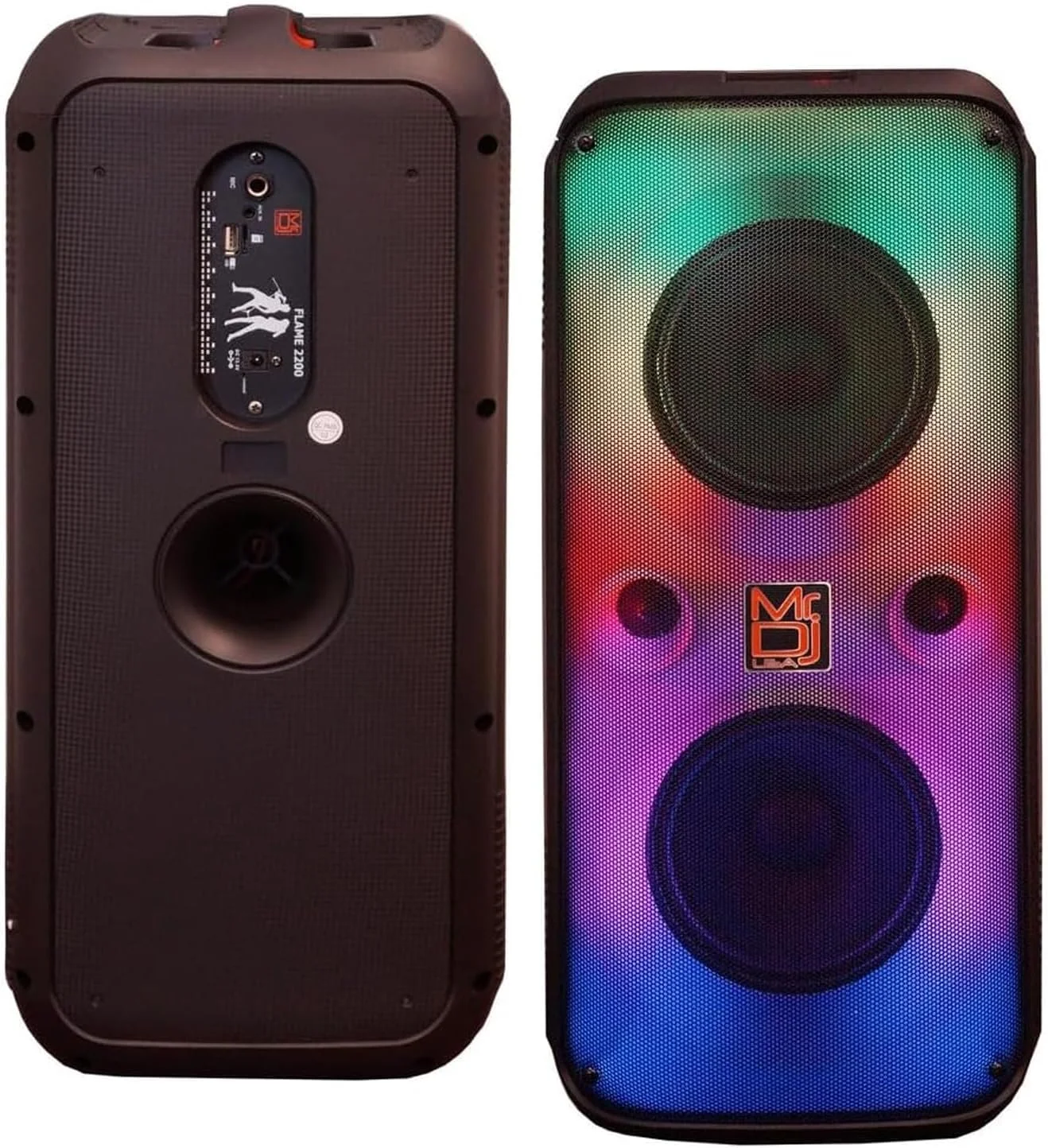 اسپیکر کارائوکه بلوتوثی قابل حمل و شارژی MR DJ USA FLAME3200 با نورهای شعله مهمانی، میکروفون، TWS، USB، رادیو FM + نور DJ متحرک 7-LED
