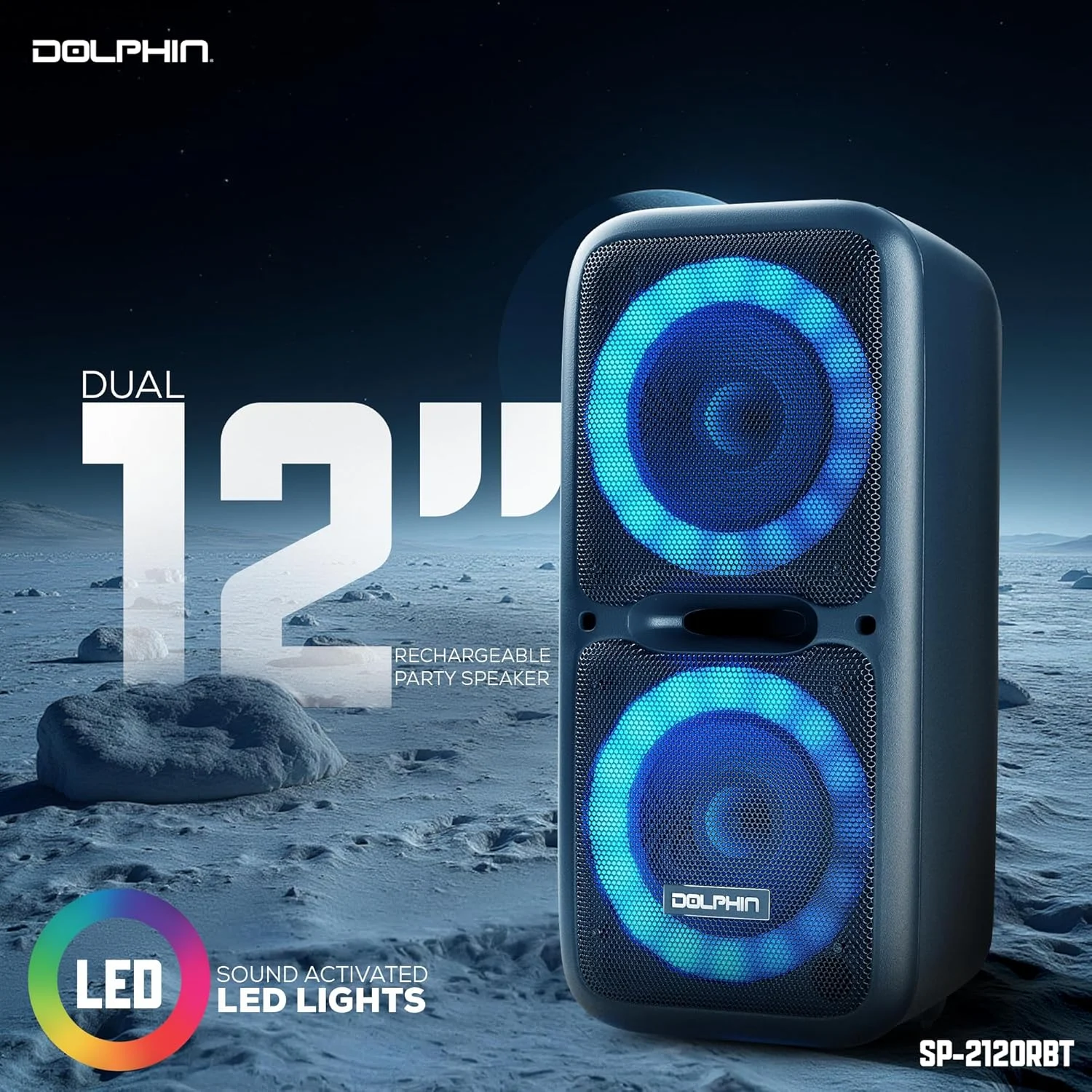 اسپیکر مهمانی دوتایی 12 اینچی دلفین مدل BoxParty 2120 - صدای قابل حمل و شارژی به همراه میکروفون، بلوتوث، USB، آمپلی فایر Hi-Fi، بیس قدرتمند، اکولایزر 5 باندی و چراغ های LED - عمر باتری طولانی - 2x12 اینچ